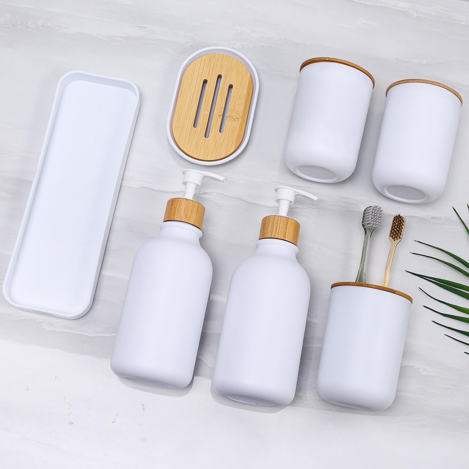 Matte White Bathroom Accessories Set 7 Pcs,Bamboo Bathroom Accessories Sets,W...