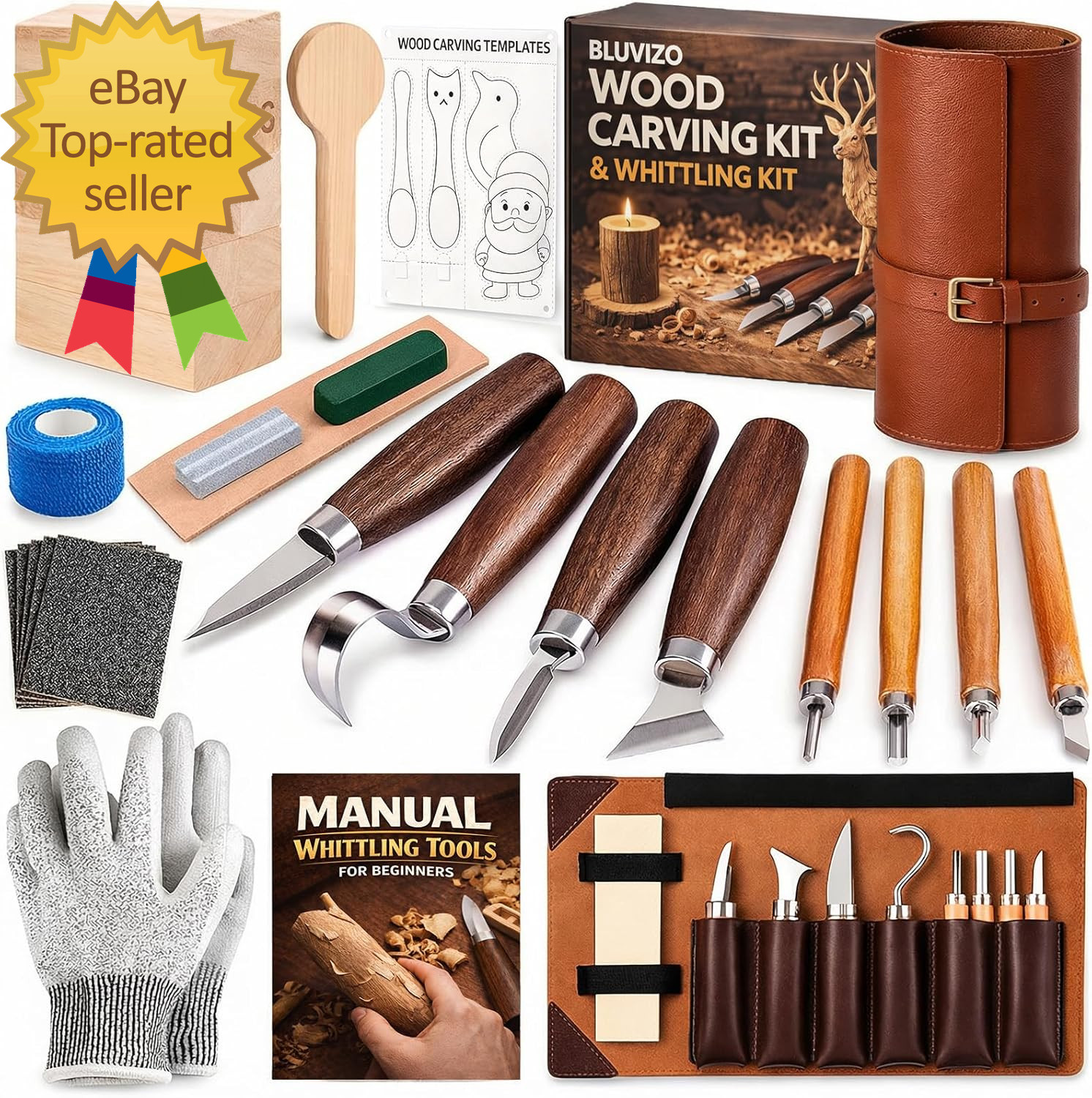 Deluxe Wood Carving Tools  Set with Leather Case  Woodworking Hobby Kit