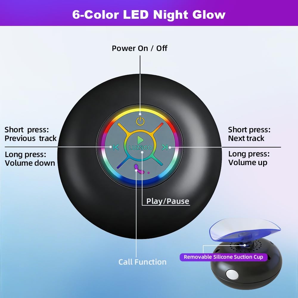 Luzsco Bluetooth Shower Speaker with LED – Portable Wireless Mini Black