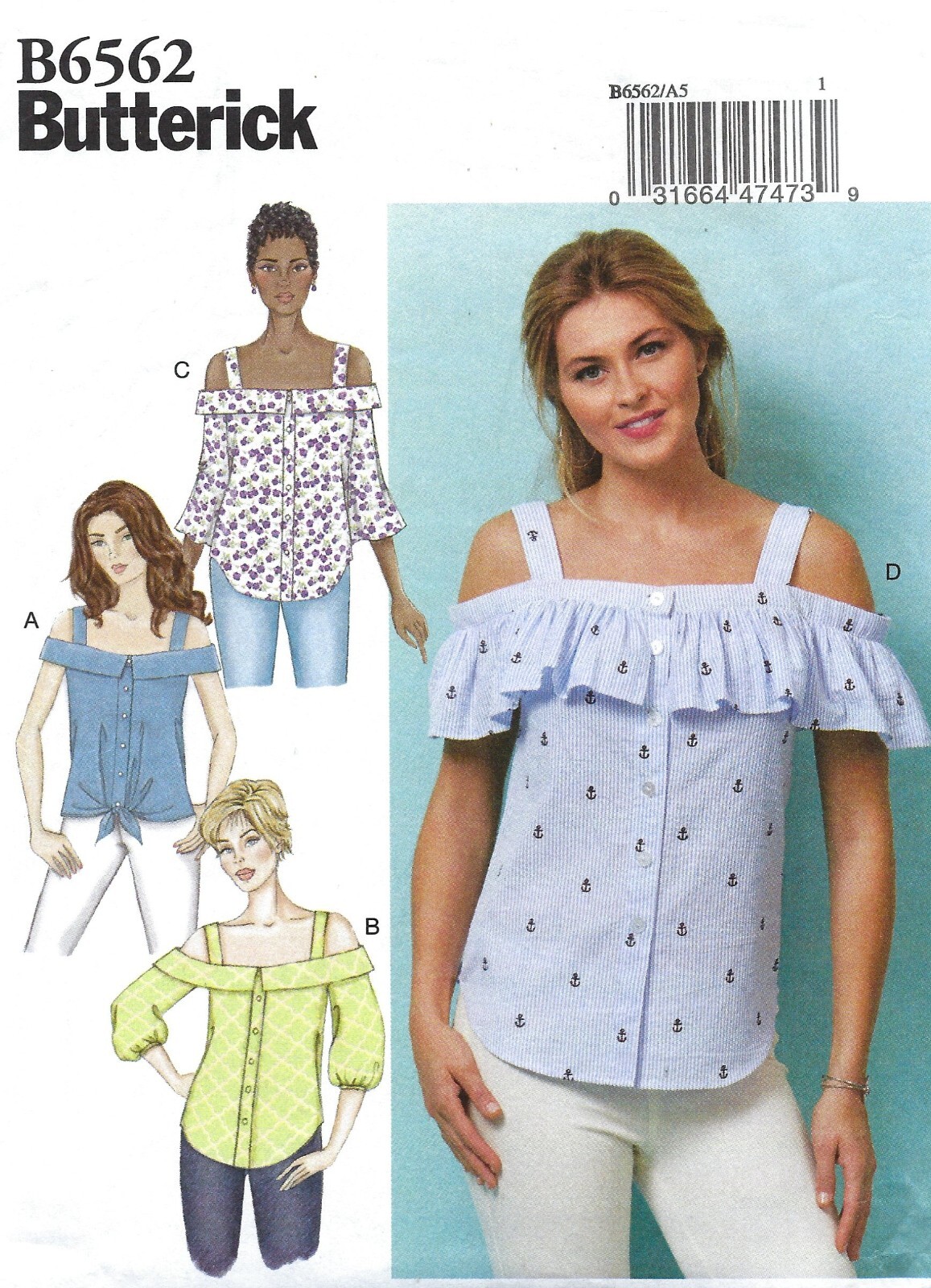 Butterick B6562 Button Front Bardot Top w Straps & Flounce Option Sz 14-22 UNCUT