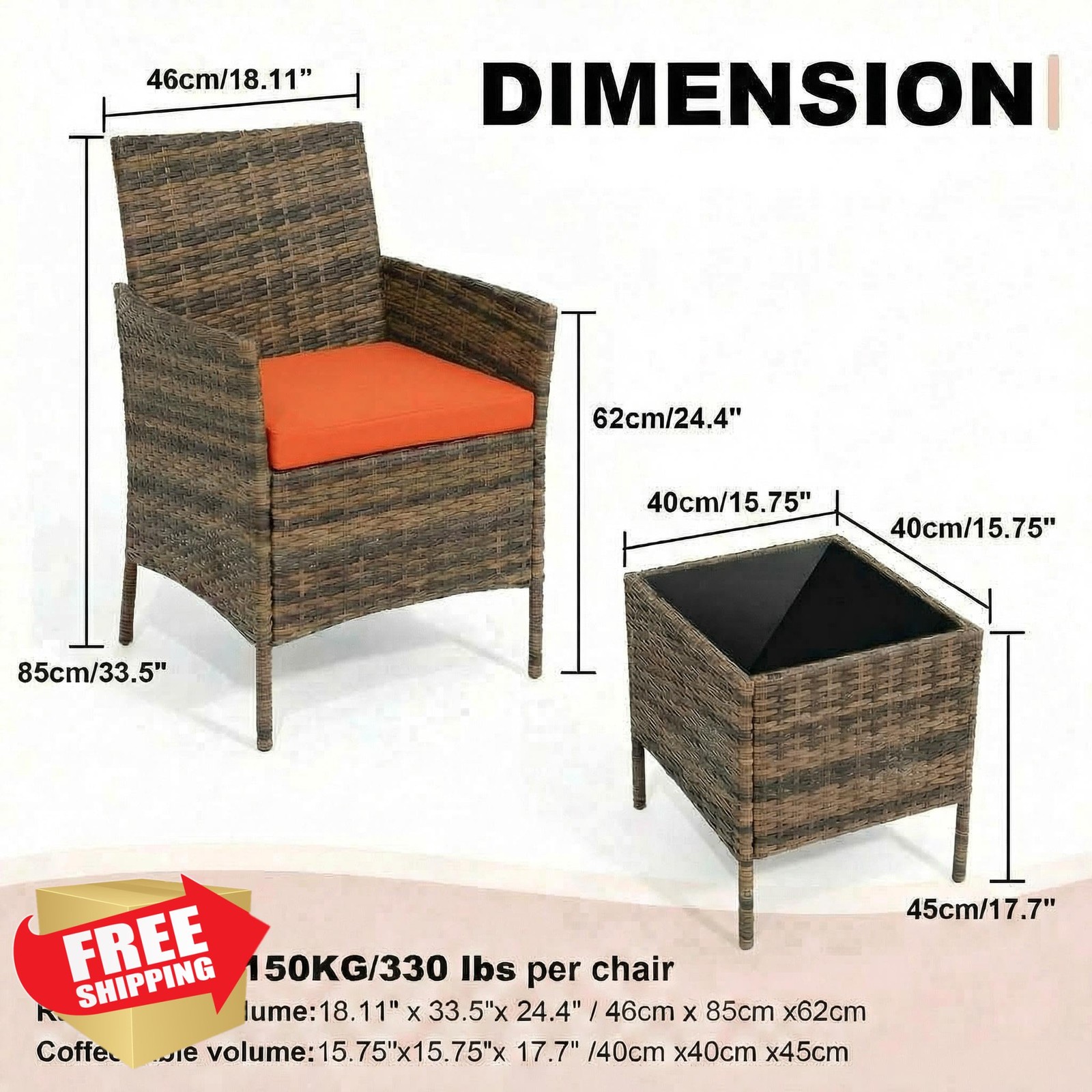 GarveeLife 3pc Rattan Patio Furniture Set 2 Chairs Coffee Table Brown/Orange