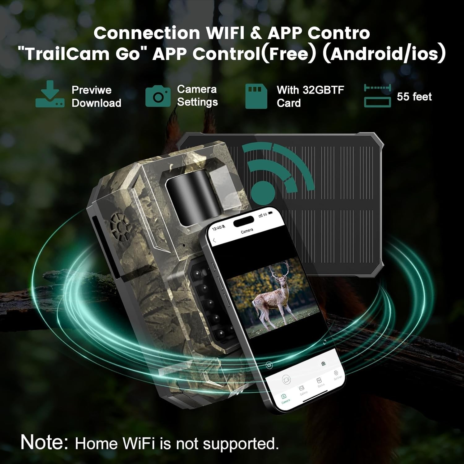 Solar WiFi Trail Camera Bluetooth Game Camera, 4K 64MP Wildlife Cameras 2000m...