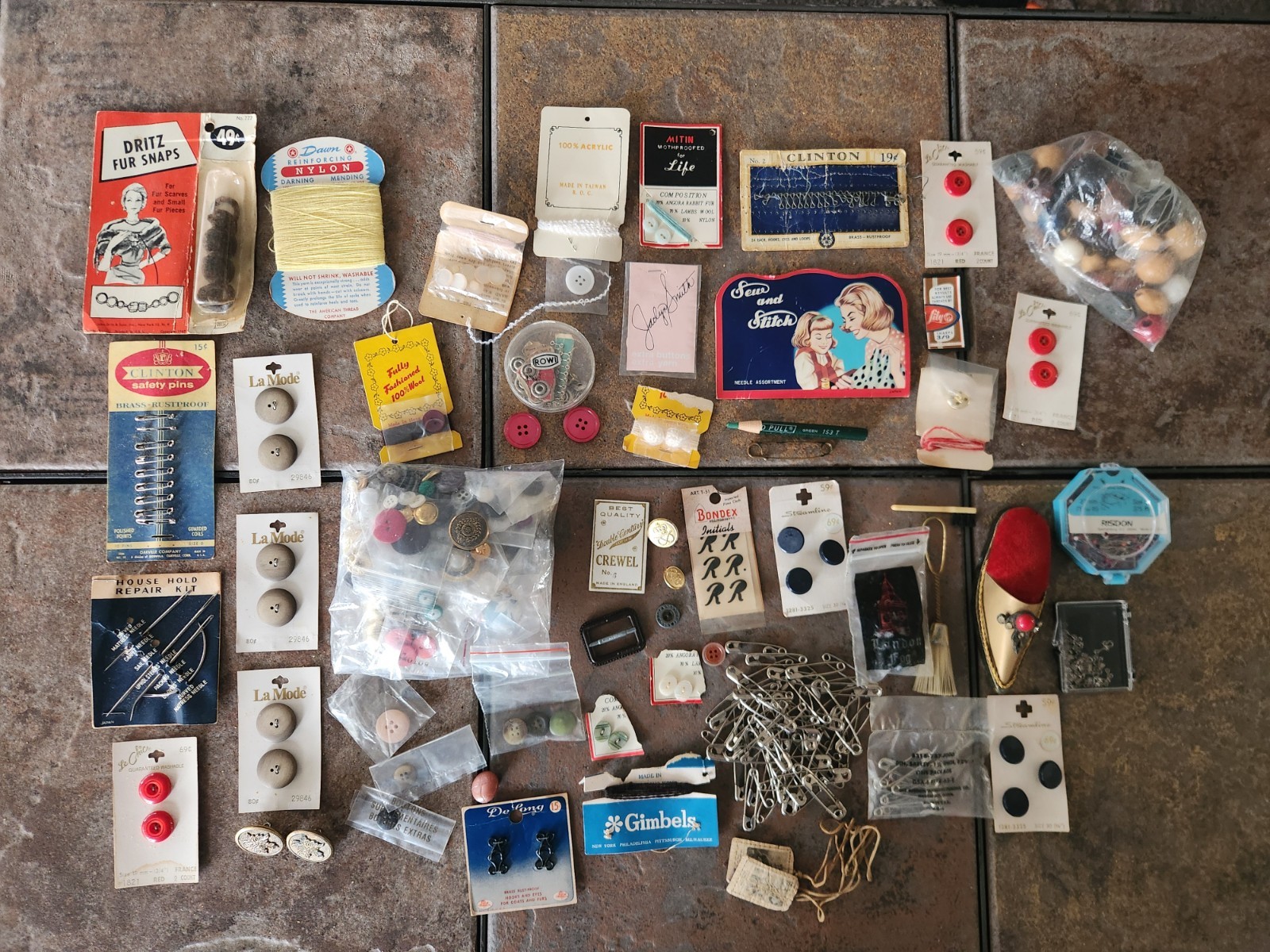 Large Vintage Lot Sewing Supplies Pin Cushion Buttons Pins Hooks Eyes Etc.