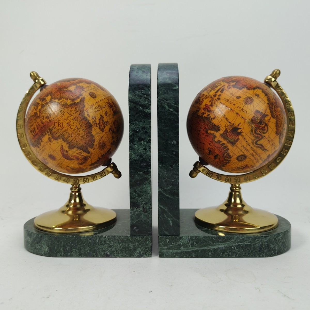 Classic Old World Globe with Green Faux Marble Bookend Pair Made in Taiwan VTG