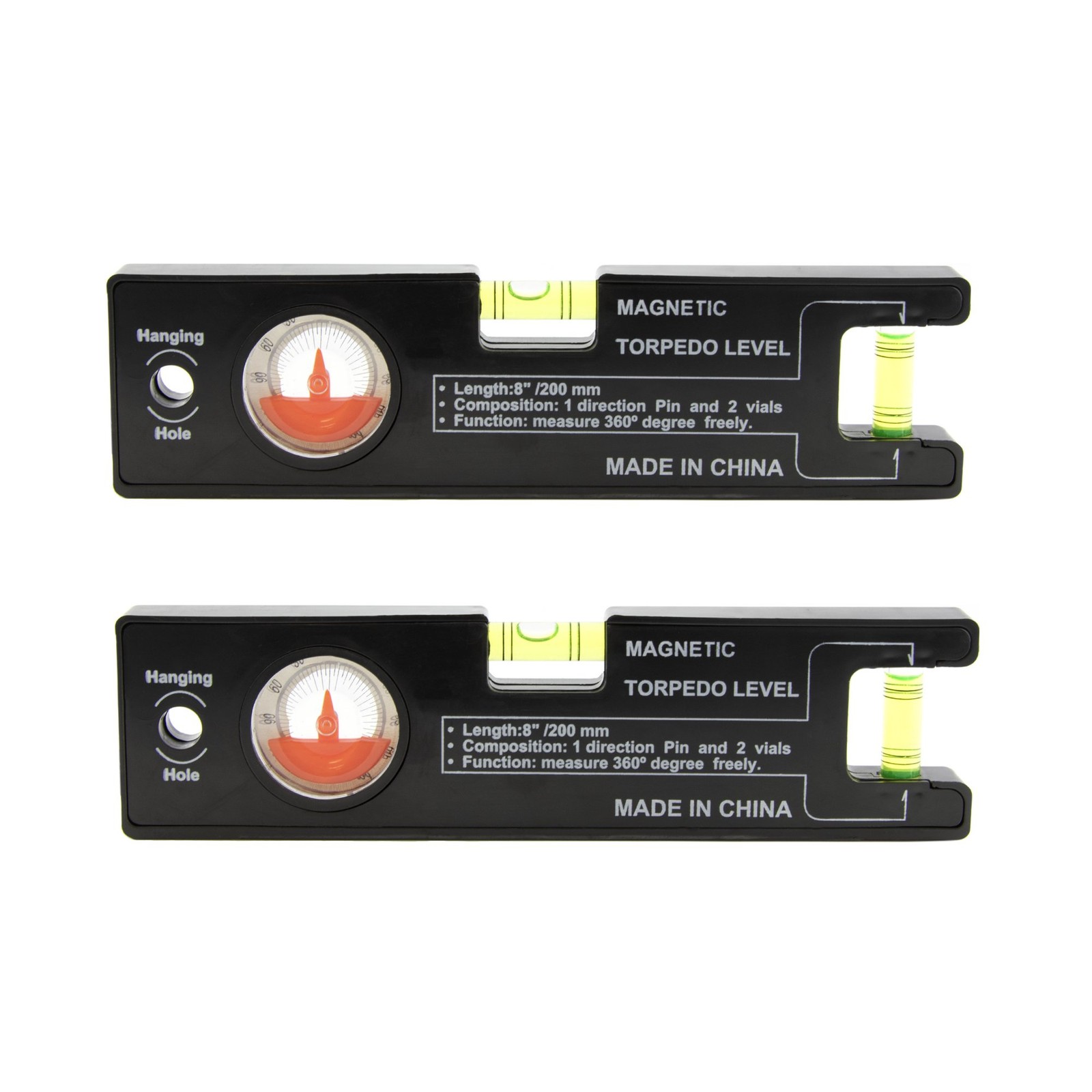 8-inch Magnetic Torpedo Level with Angle Finder, 2 Pack
