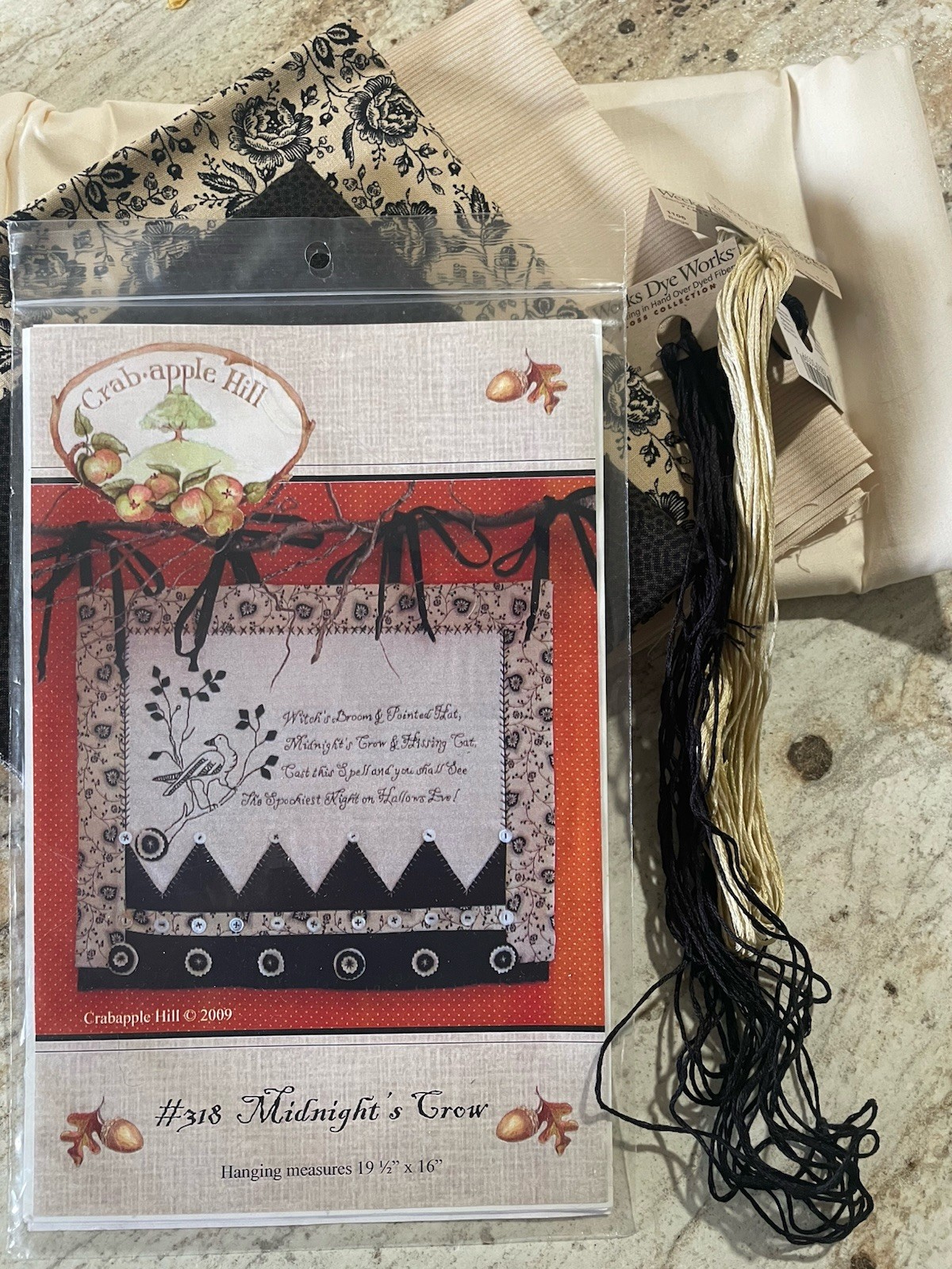 CRAB-APPLE HILL Embroidered Quilt Pattern Kit: MIDNIGHT'S CROW - 19.5" x 16"