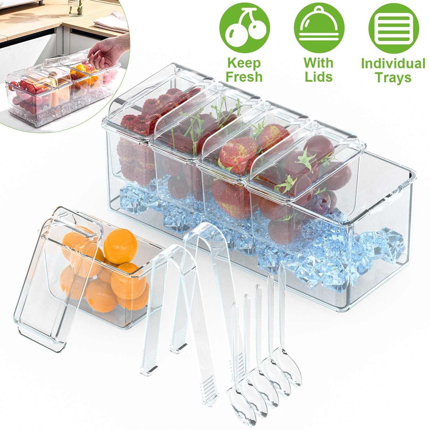 Ice Chilled Condiment Server w/ Lid 5 Compartment Clear Food Storage Container