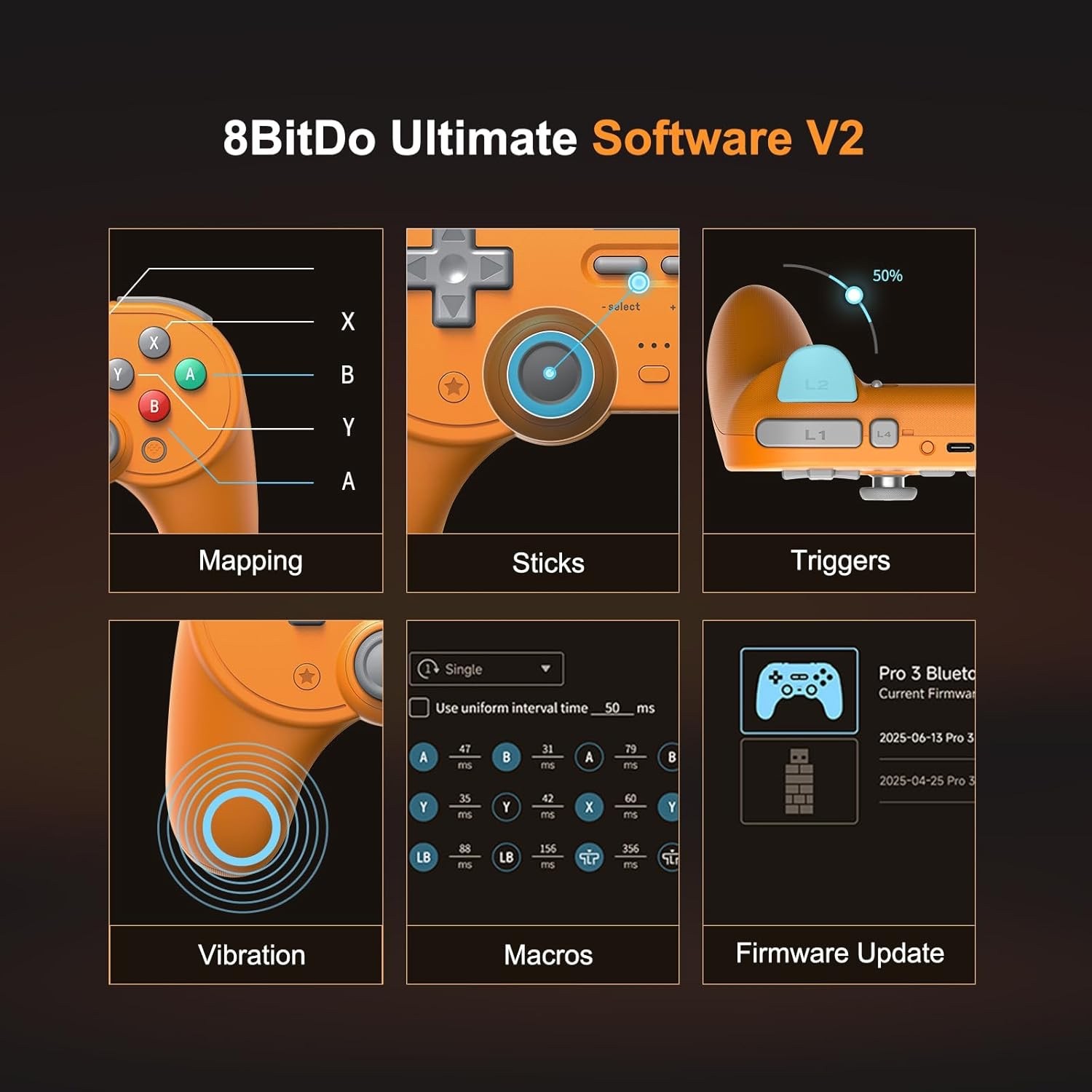 8BitDo Pro 3 Bluetooth TMR Hall Controller Switch PC SteamOS Android Orange