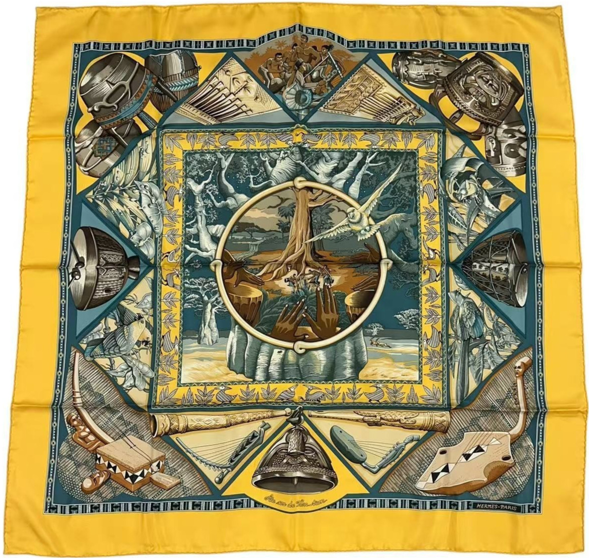HERMES Scarf Carre 90 Au Son du Tam Tam Multicolor Silk Women's Made in France
