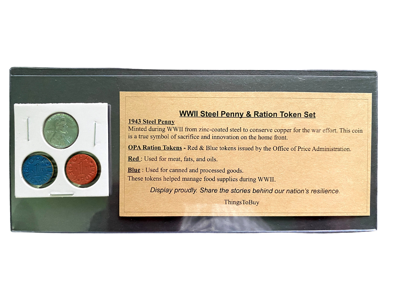 WWII Steel Penny & OPA Ration Tokens Set – Authentic 1943 Coin & Red Blue Tokens