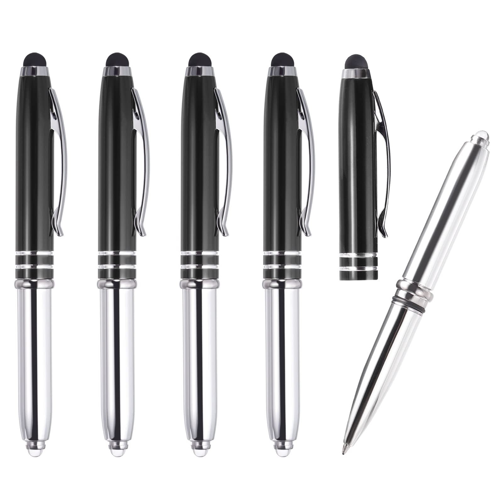 Ballpoint Pen with Stylus Tip and LED Flashlight, 5 Pack 3 in 1 Metal Pen Black