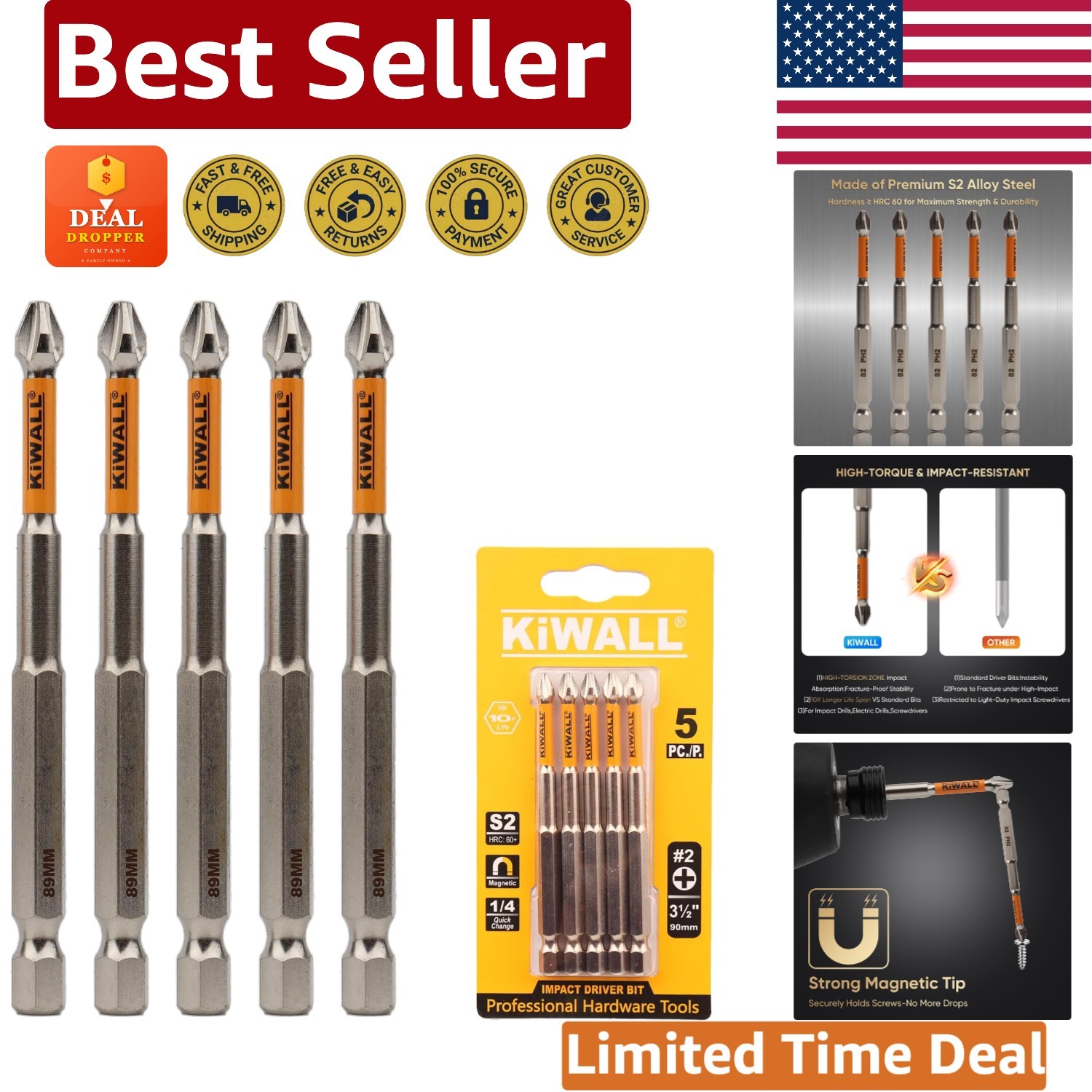 Durable 5 Count PH2 Magnetic Bits, 3.5 Inch S2 Alloy Steel for Power Tools