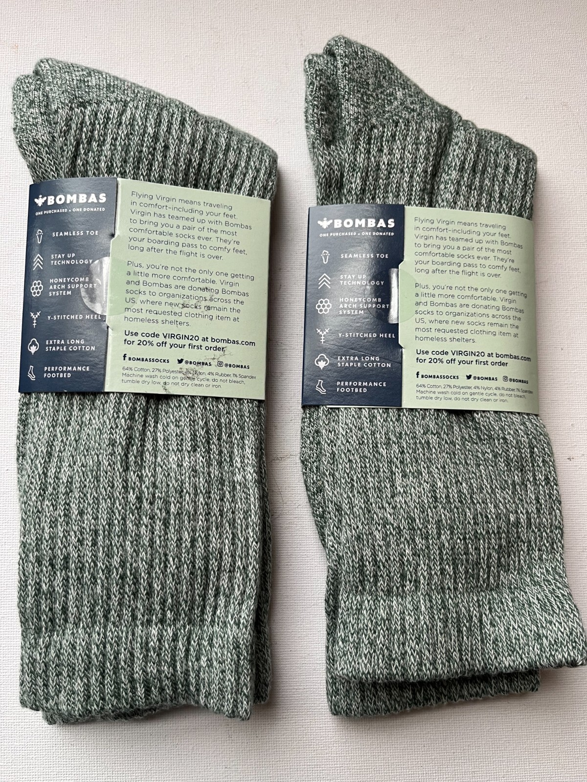 2 Pairs Virgin Atlantic Bombas Comfy Socks Large Green New with tags