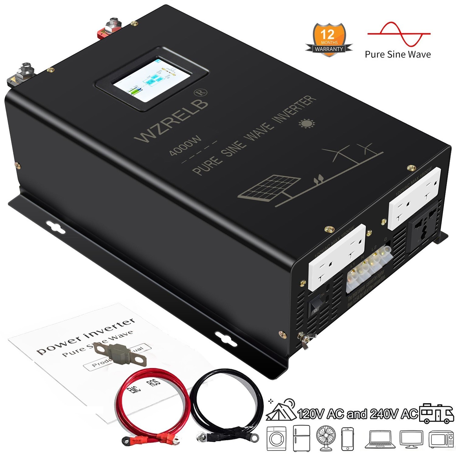 2500-4000W Split Phase Pure Sine Wave Inverter 24V/48VDC to AC120V 240V 5Outlets