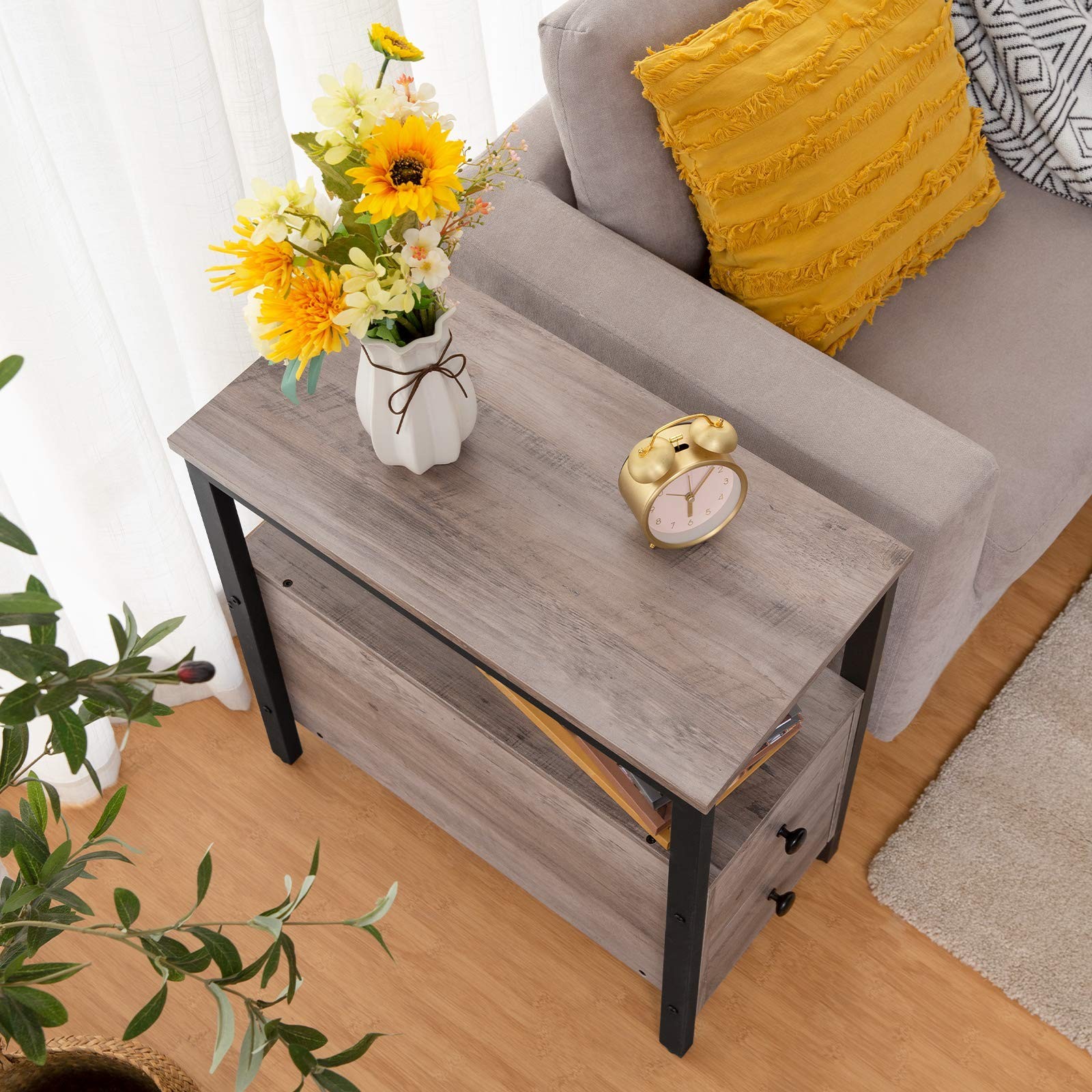 HOOBRO End Table, Narrow Chairside 18.9"D x 11.8"W x 24"H, Greige + Black