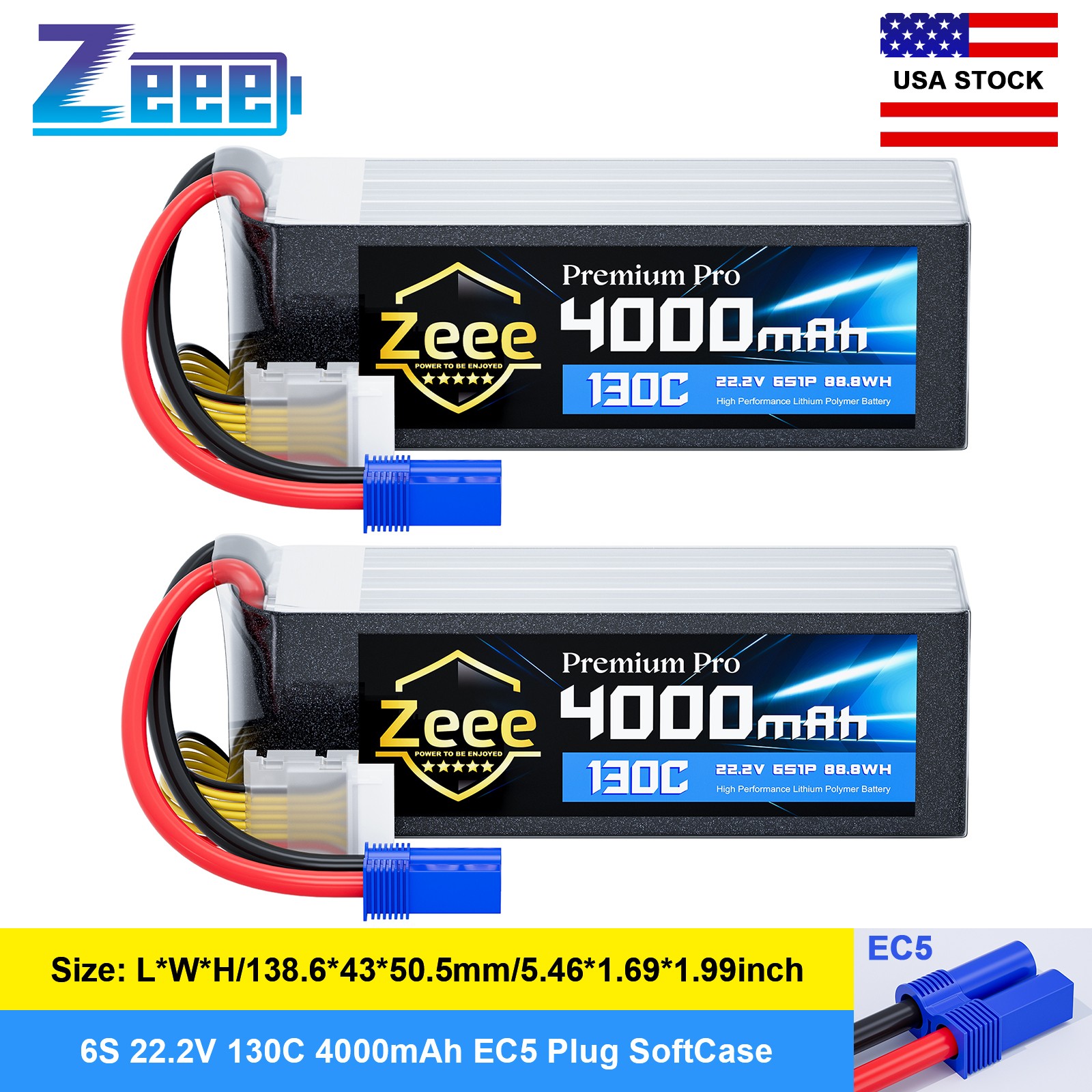 2xZeee 6S 130C 4000mAh Lipo Battery 22.2V EC5 Plug Ultra-Low Internal Resistance