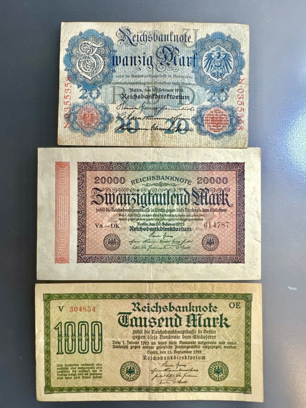 1920-1923 German First Year Weimar Republic Banknotes: 20 , 1000, 20000 marks .
