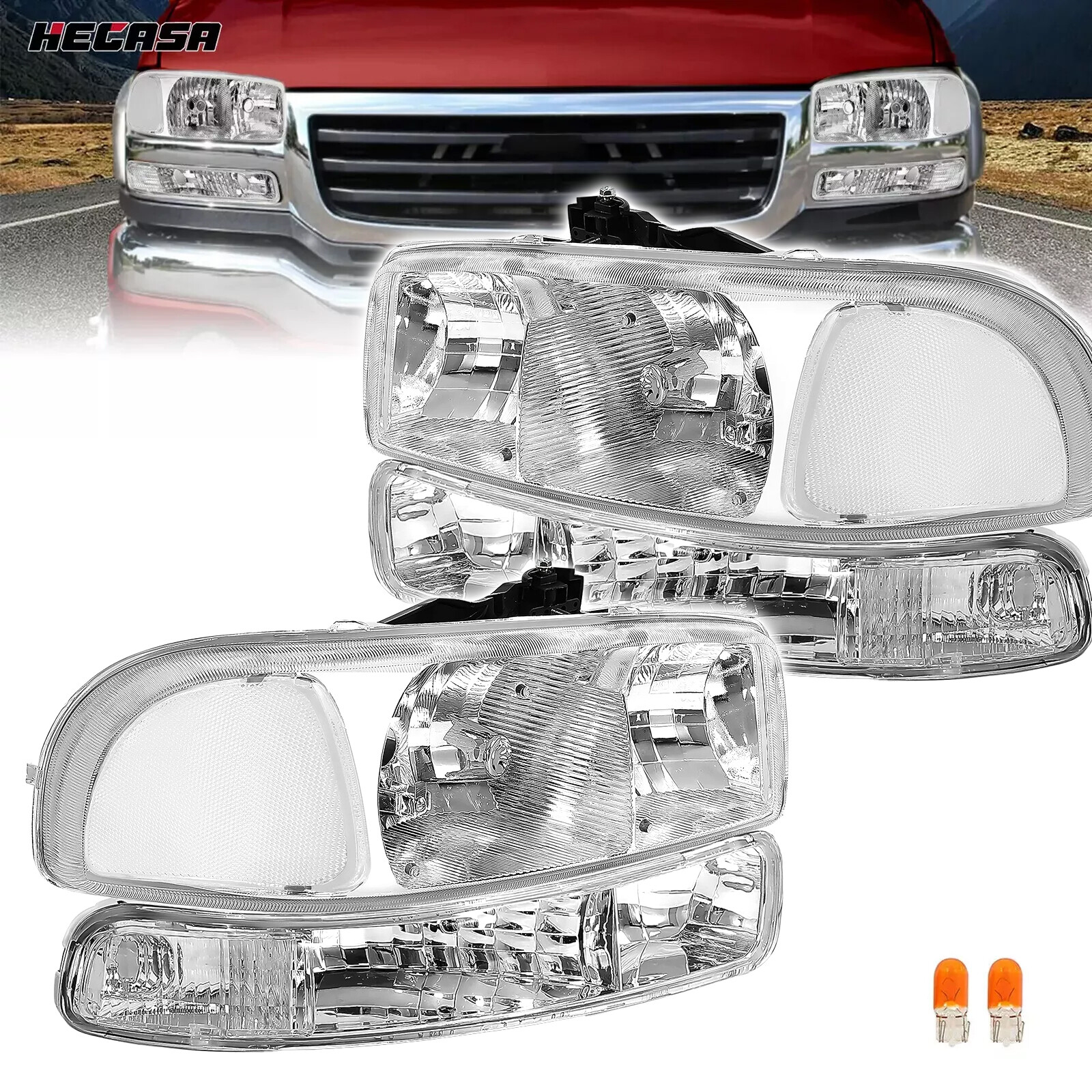 Headlights w/ Bumper Lamps For 1999-2007 GMC Sierra 1500 2500 2000-2006 Yukon XL