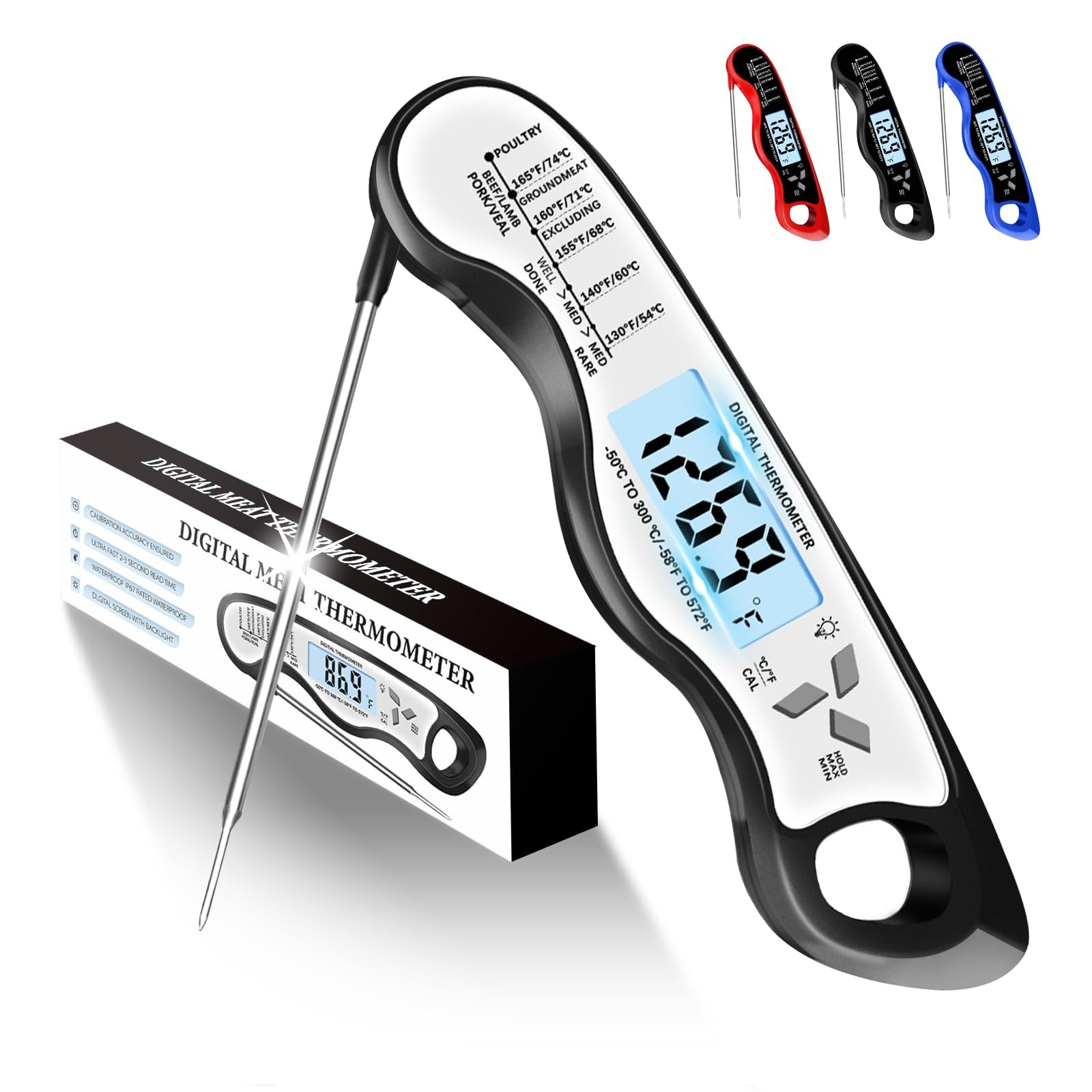 Meat Thermometer, IP67 Waterproof Digital Meat Thermometer with Backlight, Ho...