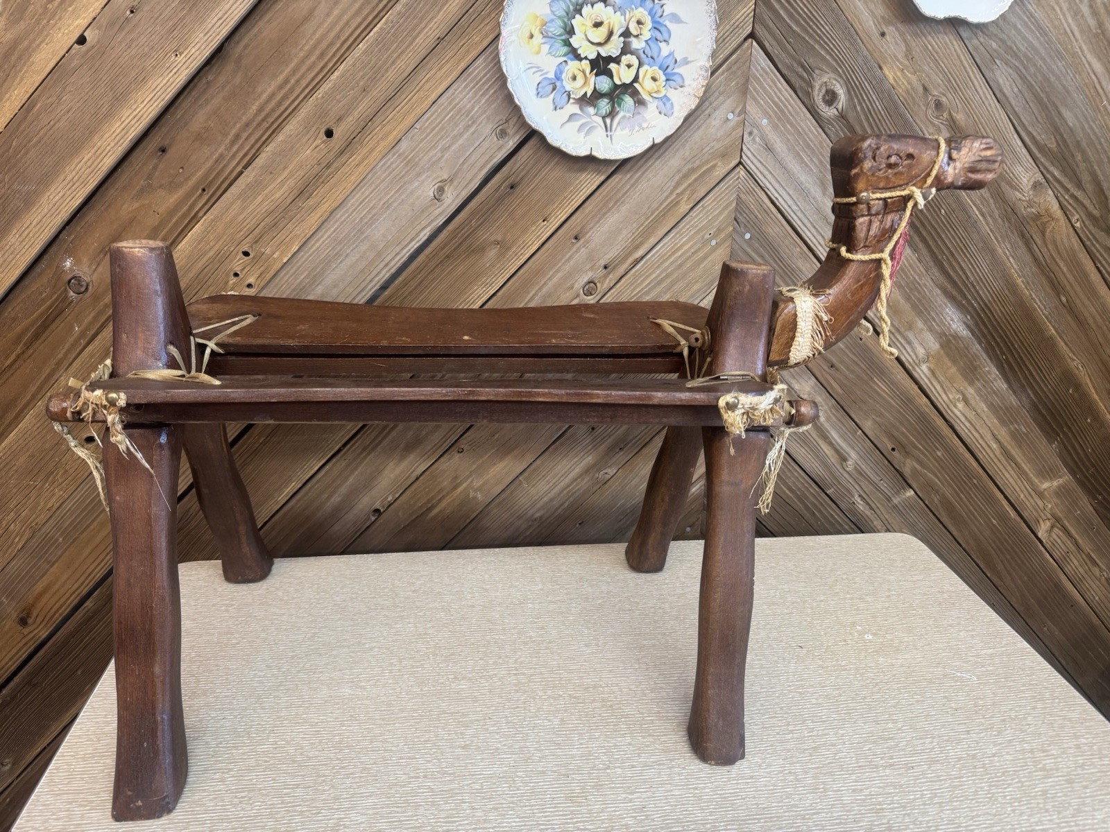 Vintage Camel Wooden Saddle Foot Stool - no cushion Original Fringe Arabian