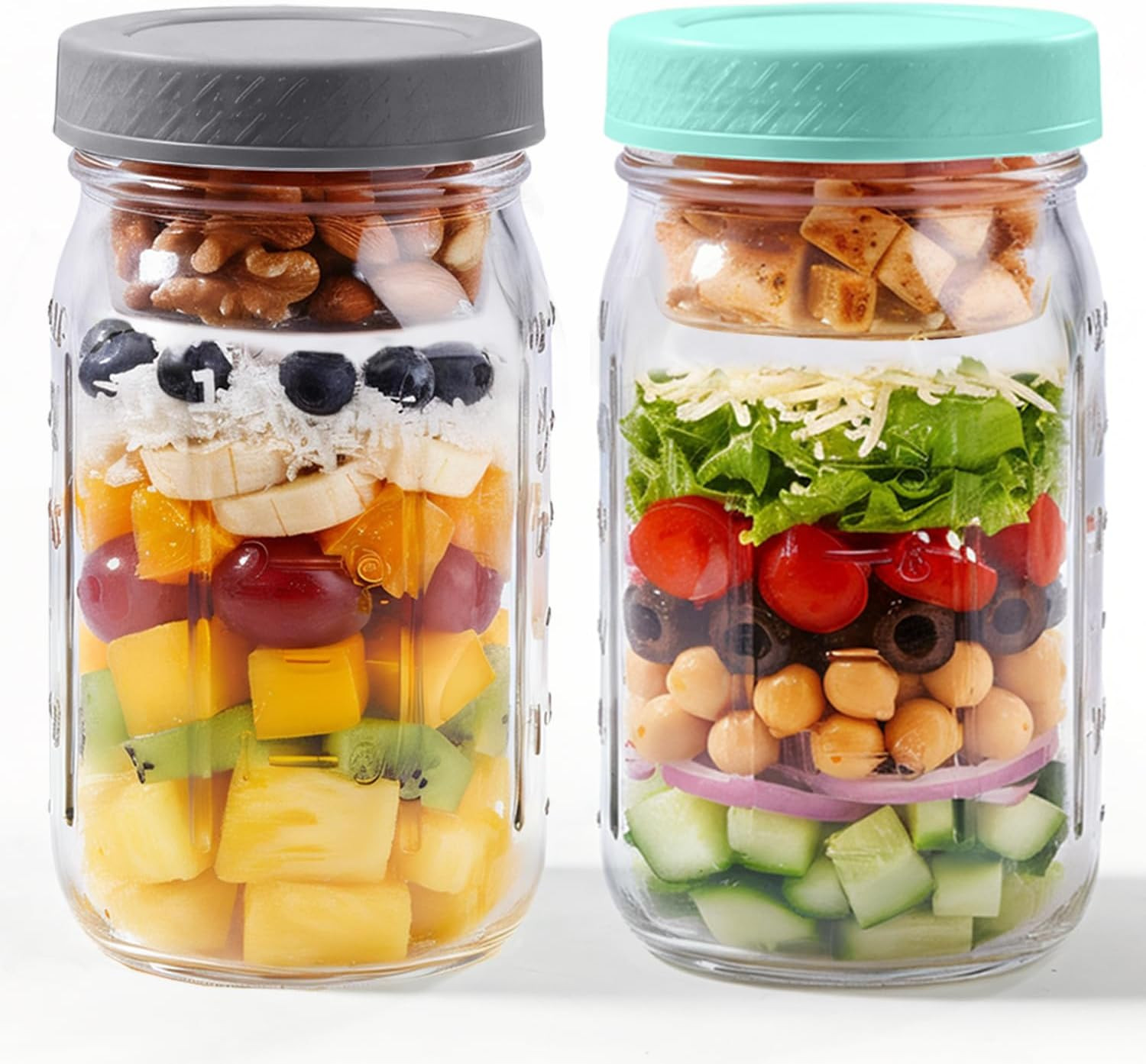 32Oz 2 Pack Glass Salad Jars with Lids for Meal Prep & Work Lunch | 2 Built-In C