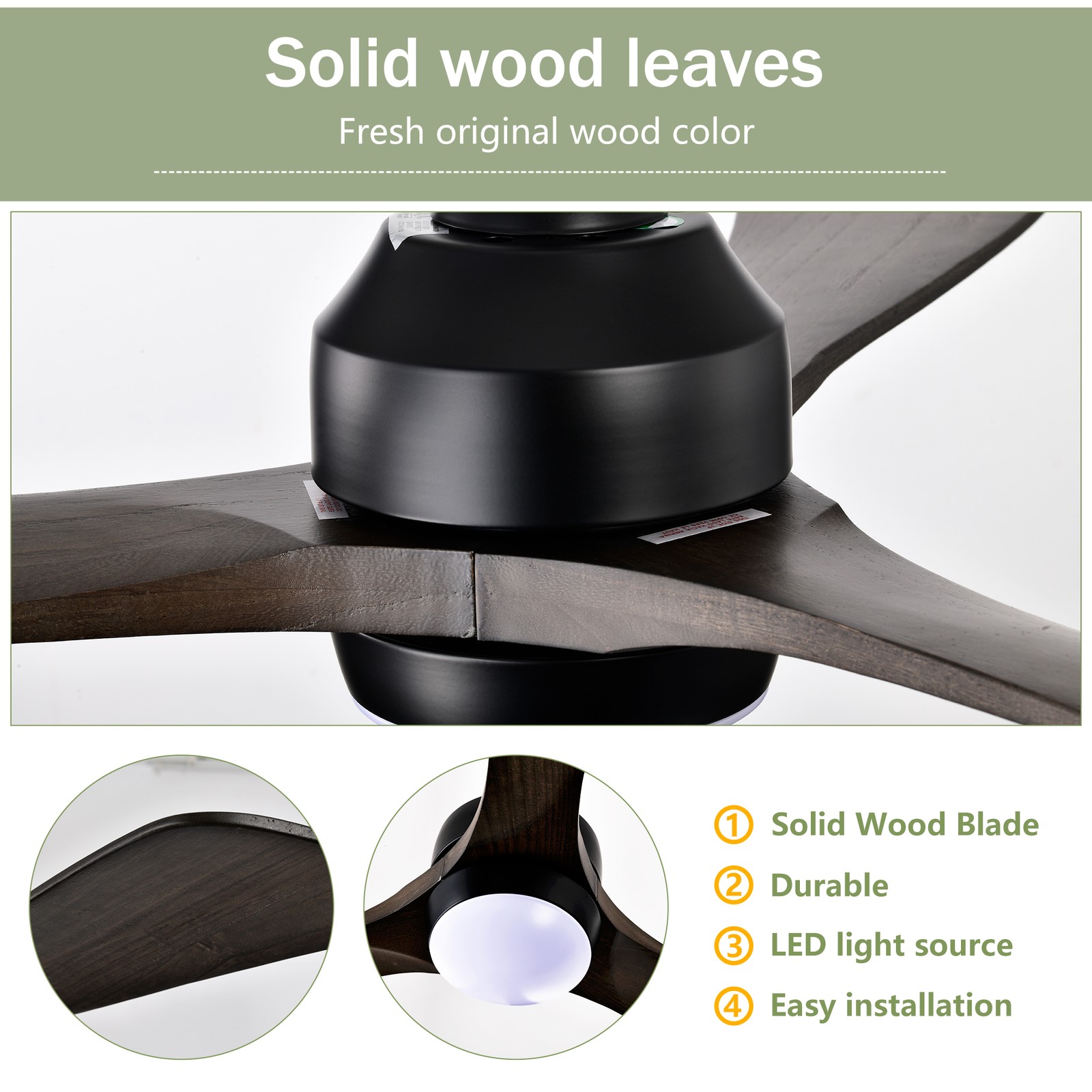 52"Solid Wood Blades Ceiling Fan Lights Remote Control,Quiet DC Motor 3 Blade