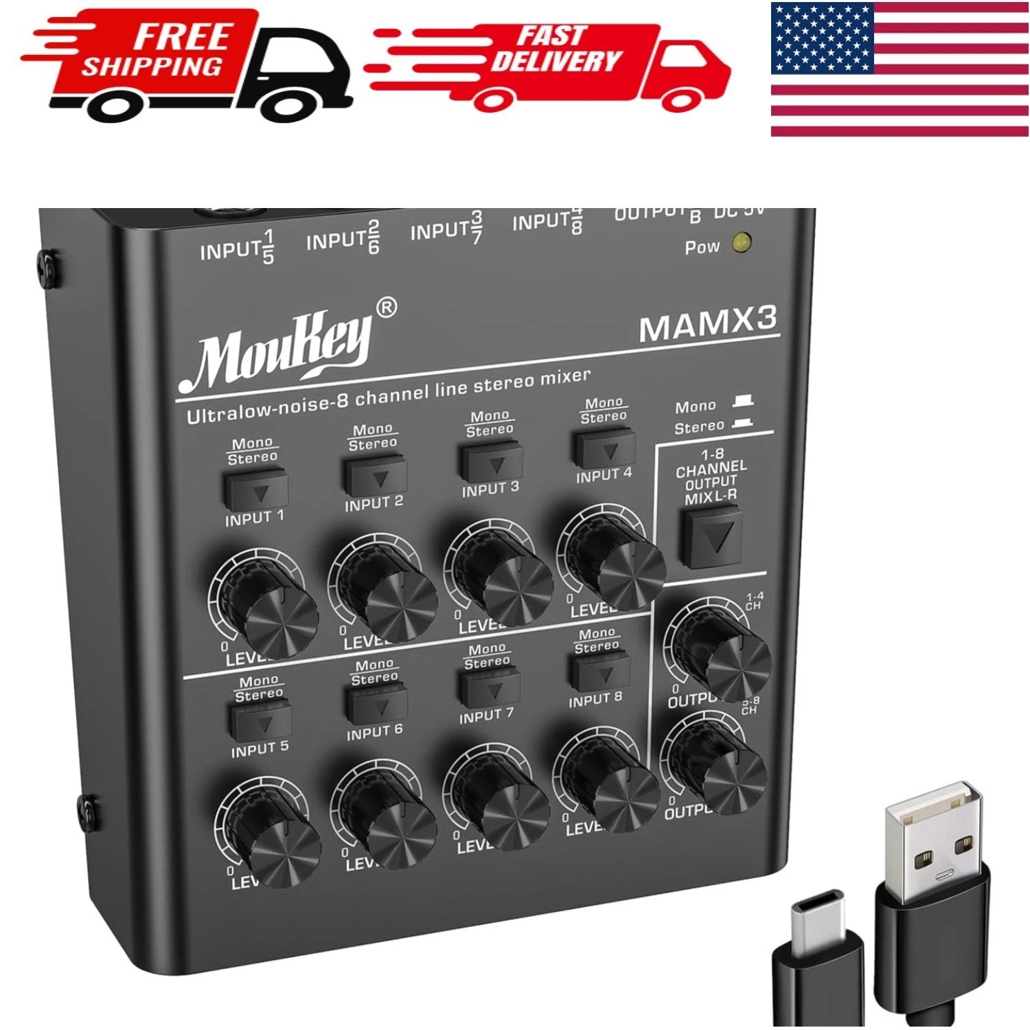 Compact 8 Channel Line Mixer with USB & DC 5V - Ideal for Guitars & Keyboards