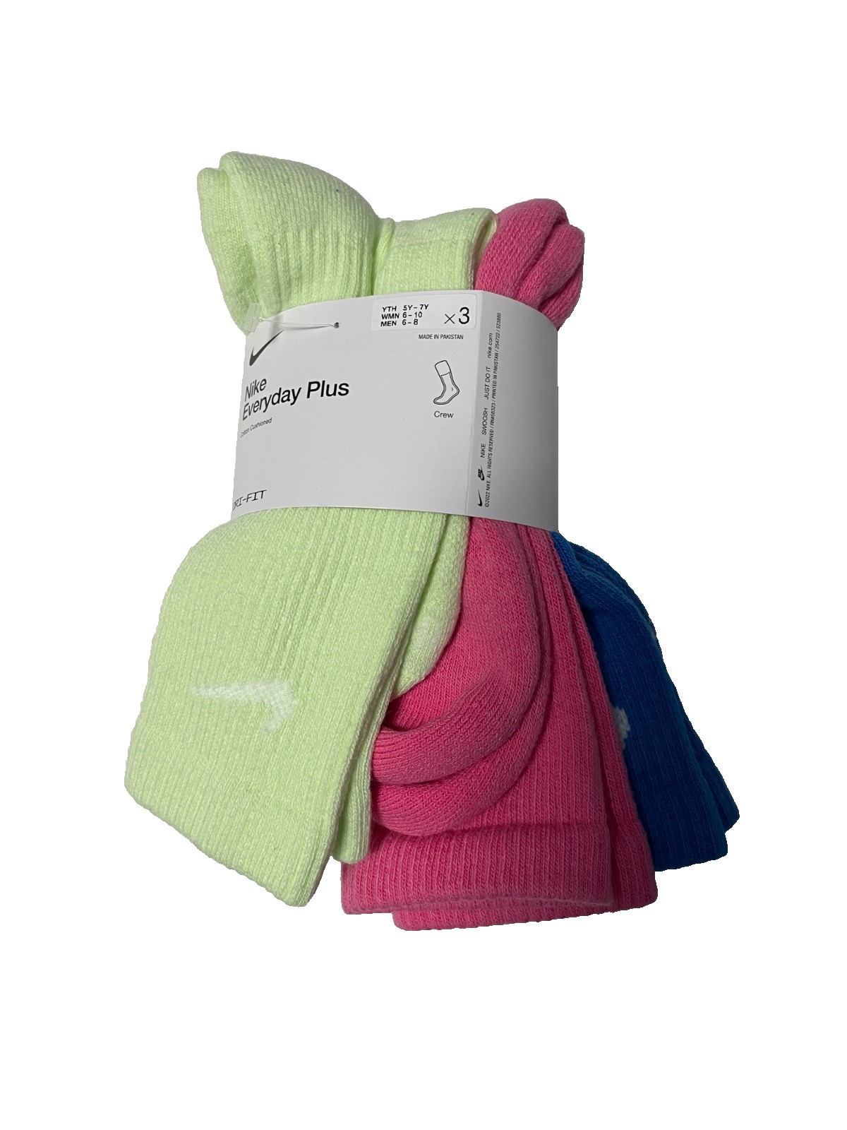 Nike Socks Mens Medium Dri FIT Cushioned Crew 3 Pairs Lime Pink Blue