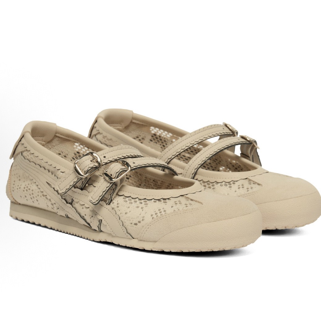 Patou x Onitsuka Tiger MEXICO 66 Mary Jane Ballet Flats - Beige Lace Hollow