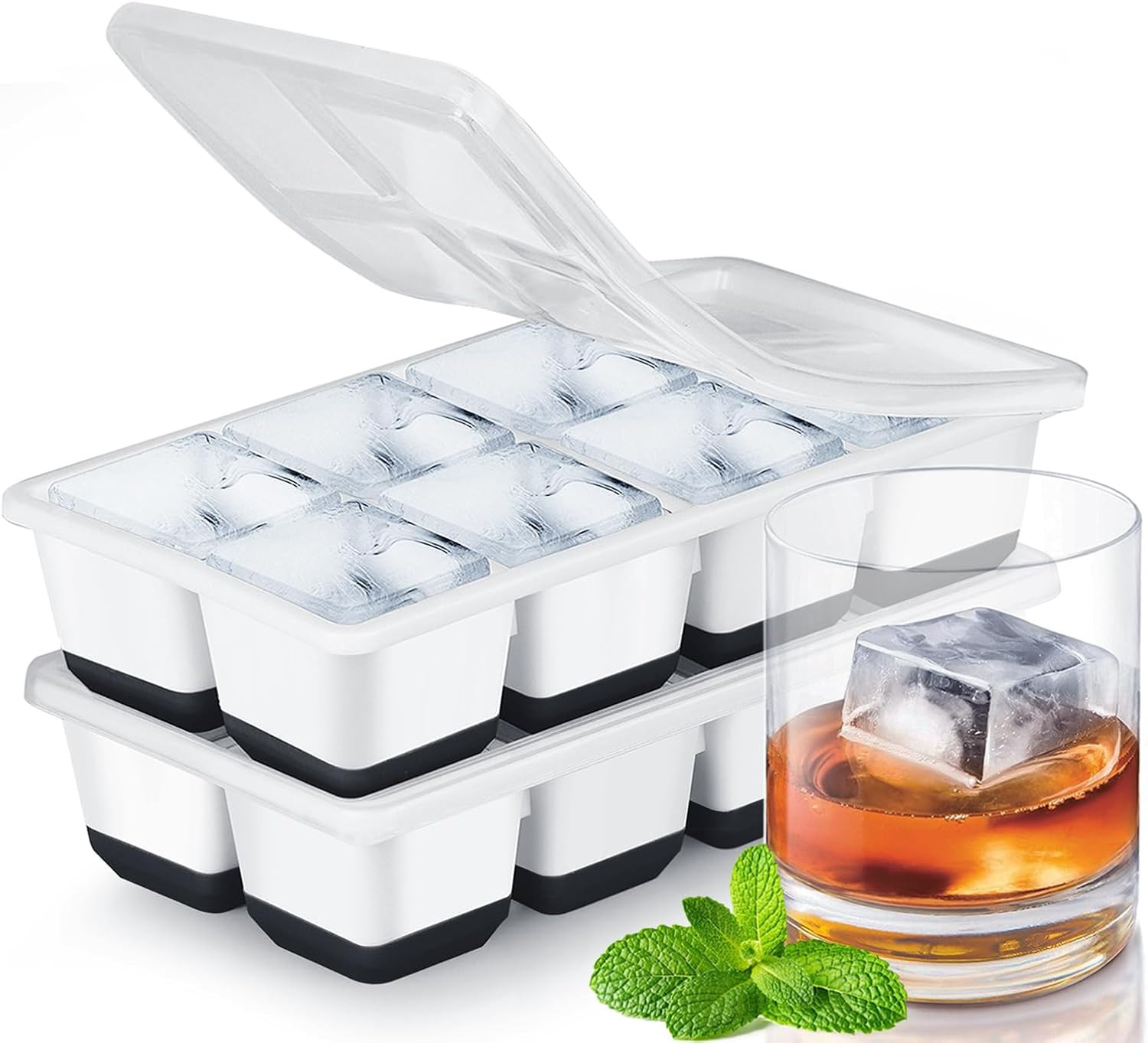Large Ice Cube Trays with Lid,  2 Pack Stackable Silicone Ice Cube Molds for Fre