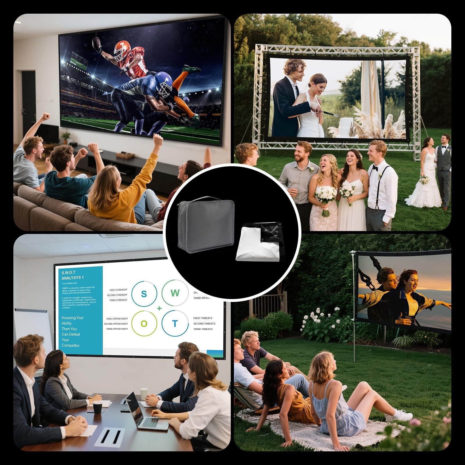 120 Inch Projector Screen with Black Backing & Portable Carry Bag