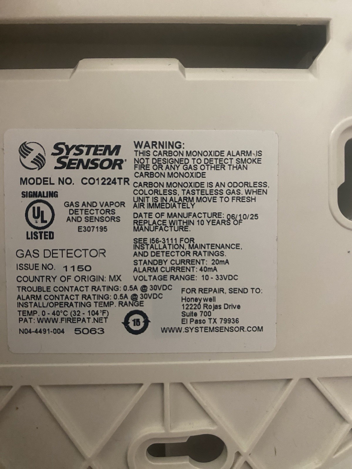 System Sensor CO1224TR Round, 12/24V, System-Monitored Carbon Monoxide Detector