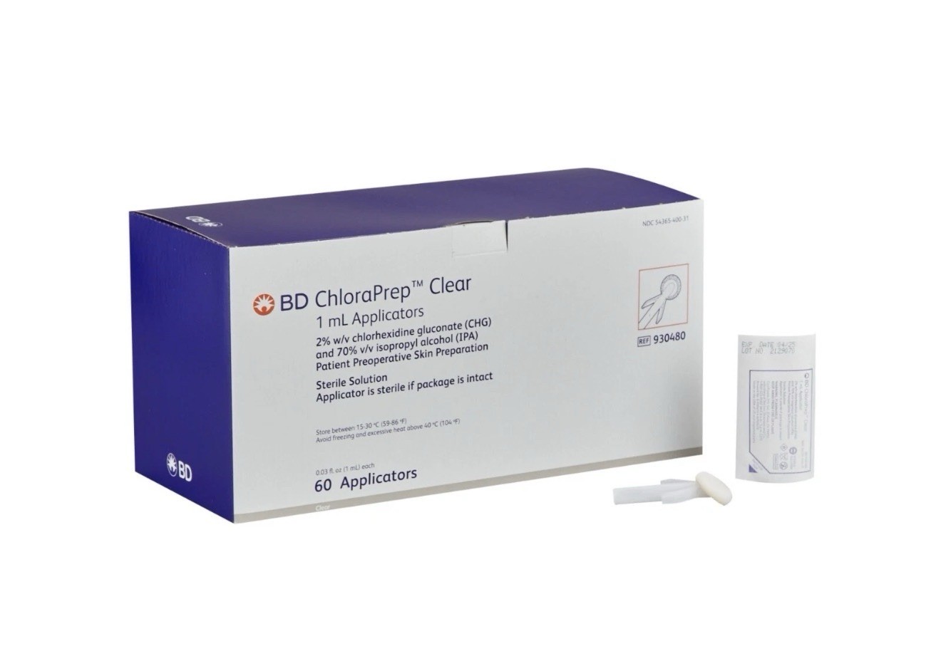 BD 930480 ChloraPrep 1mL CLEAR Applicators Box of 60 EXP 2028