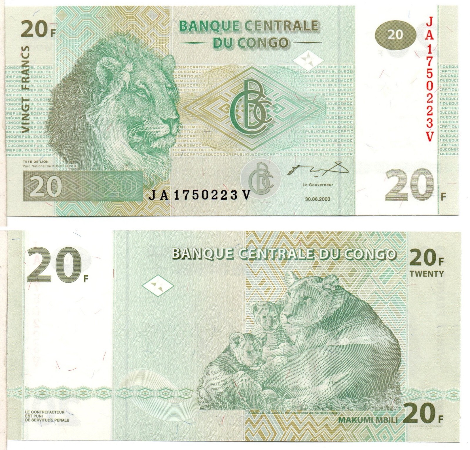 CONGO, DEMOCRATIC REPUBLIC 20 Francs (LIONS) 2003, Pick 94, Uncirculated