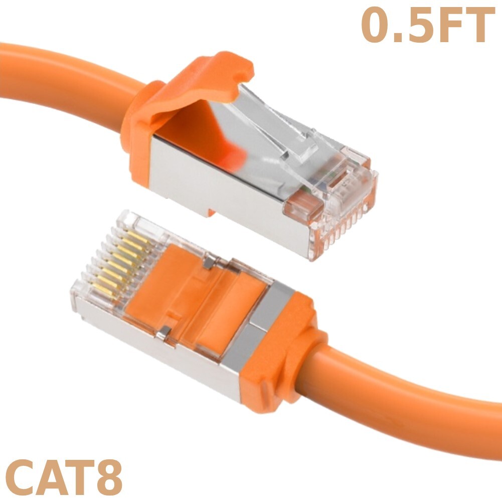 0.5FT Ethernet LAN Network Cat8 RJ45 S/FTP Cable Shielded Cord 28AWG 2GHz Orange