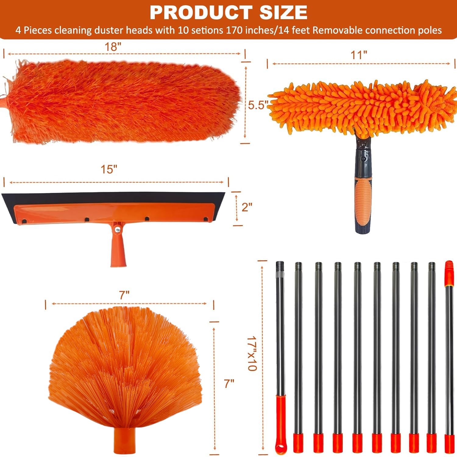 20ft High Reach Duster Kit - Extension Pole, Window Washer Squeegee