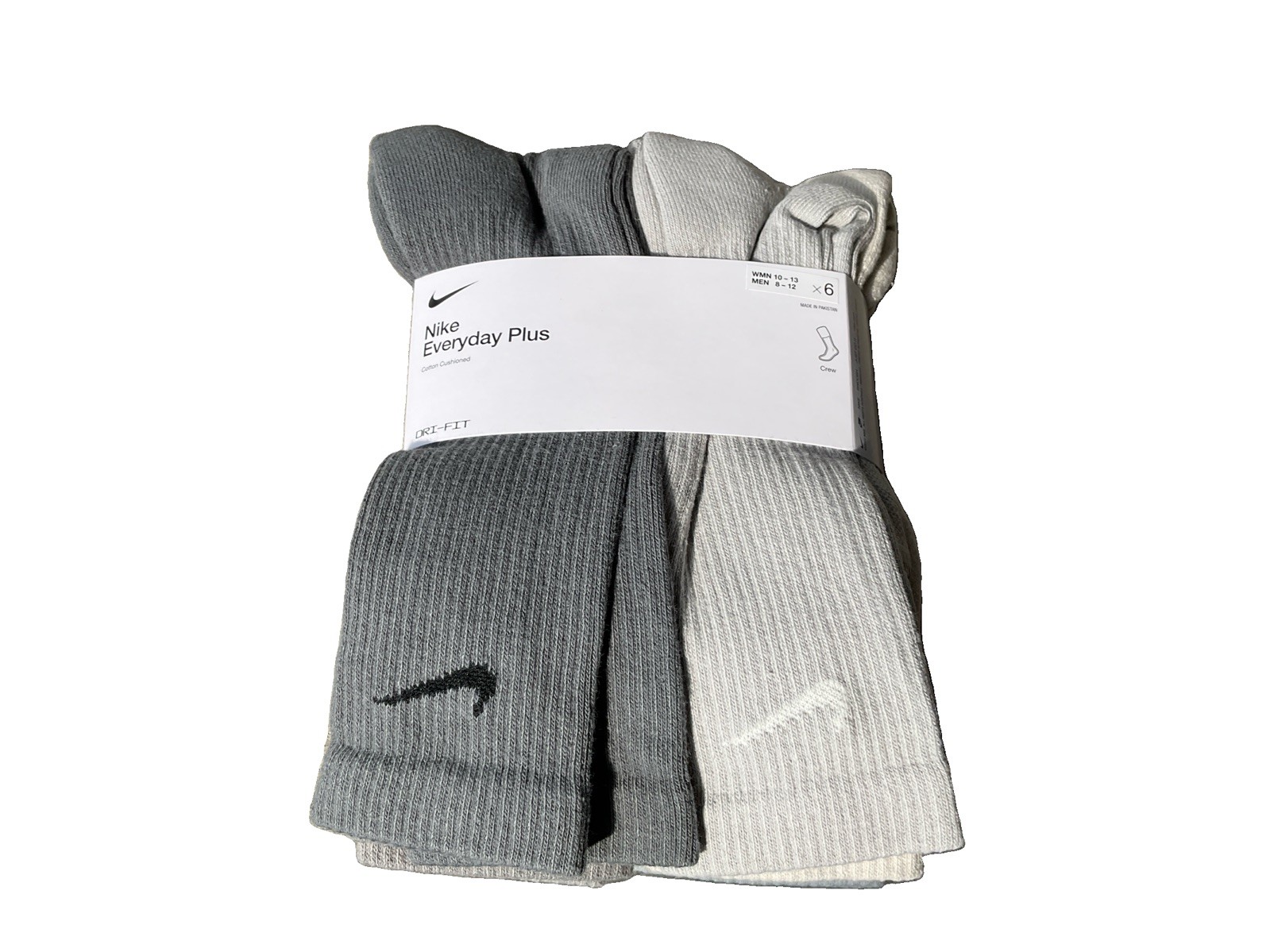 Nike Unisex 6-pack Everyday Plus Cushioned Crew Socks, Gray, Me 8-12 / Wo 10-13