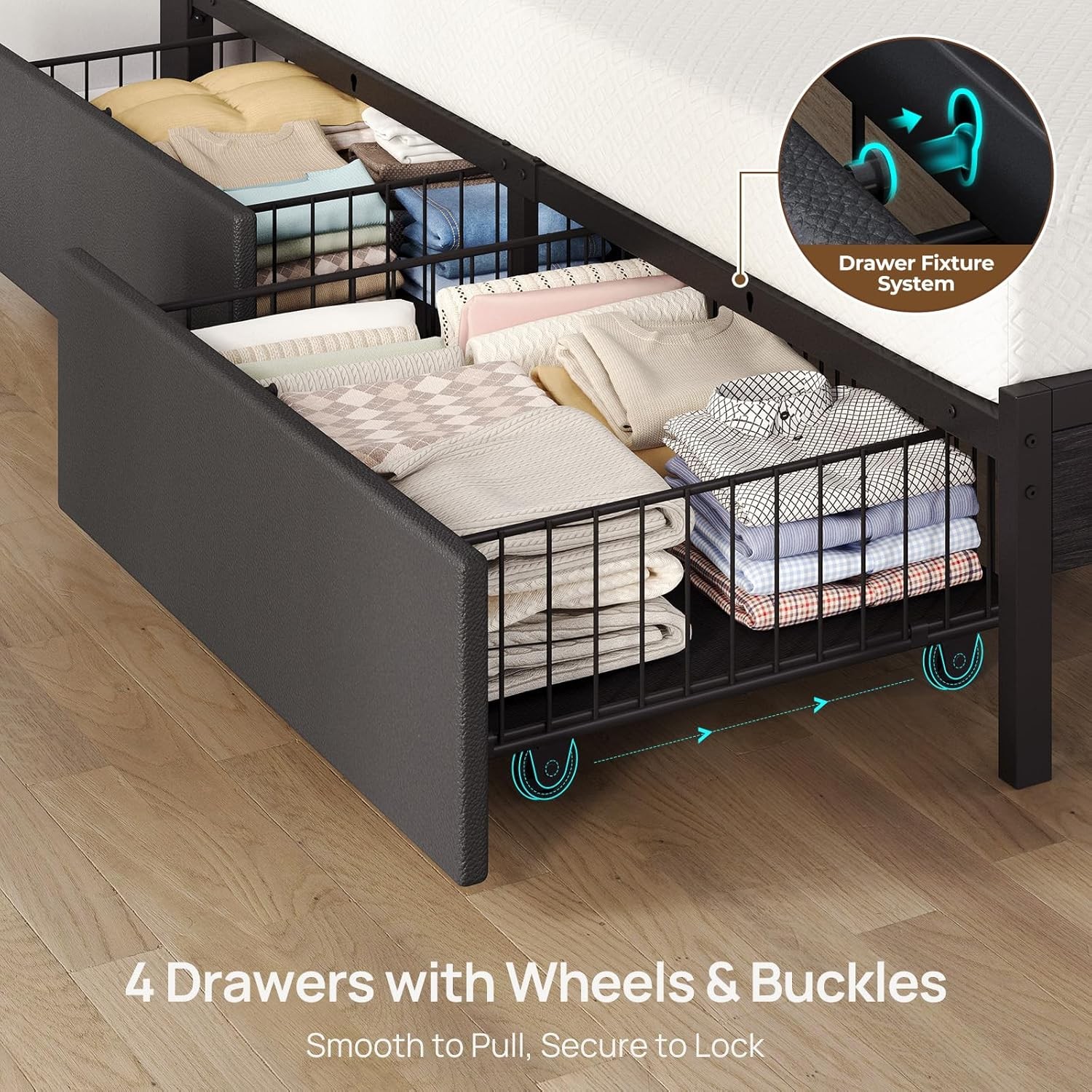 Twin Bed Frame with Storage Drawers LED Headboard