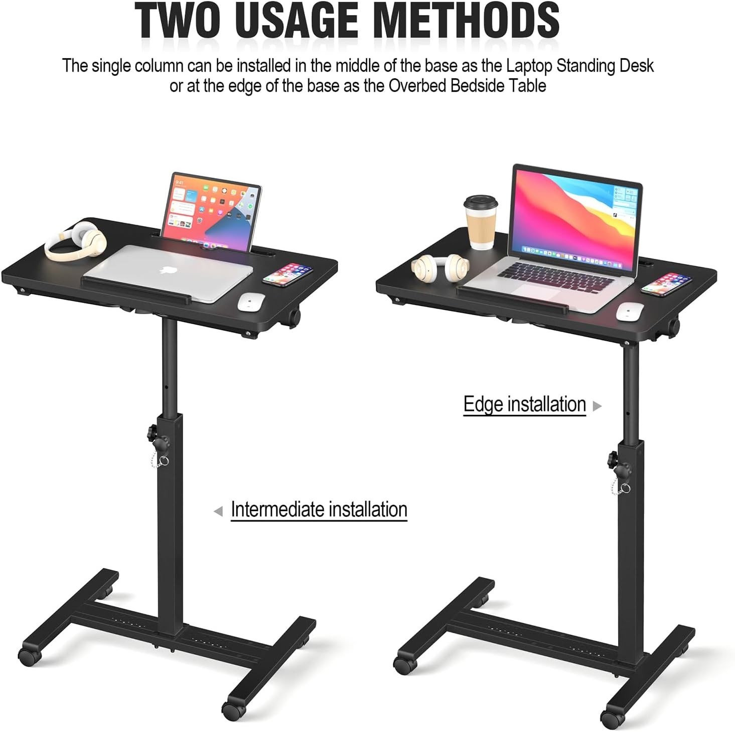 Adjustable overbed bedside table with wheels, rolling hospital laptop desk