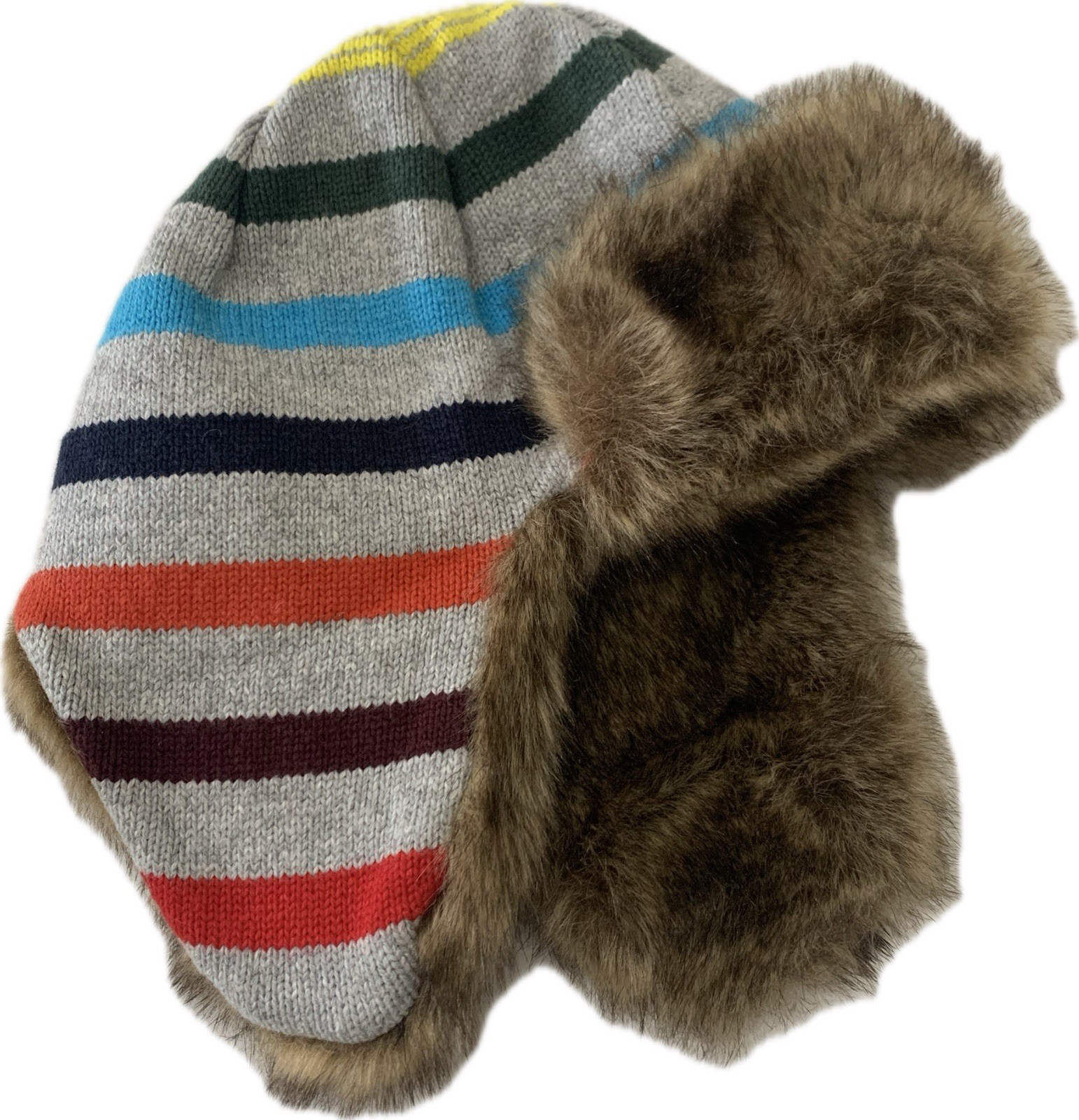 NWOT GAP Crazy Stripe Faux fur Knit Trapper Hat Winter Snow Striped Boys L/XL