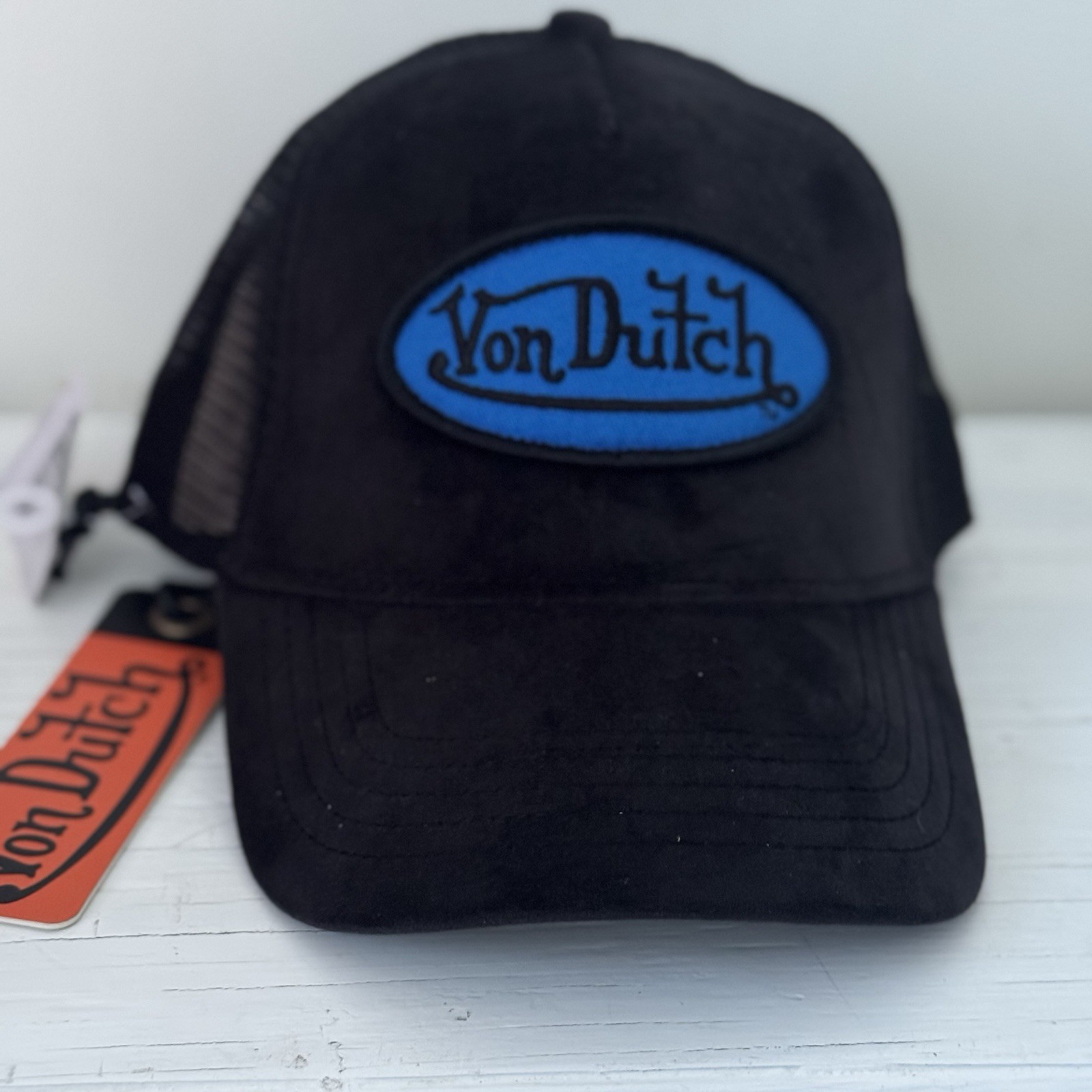 NWT Von Dutch Black VELVET Blue Logo Patch Mesh Back Trucker Hat - SnapBack