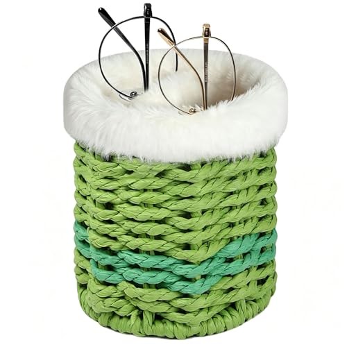 Glasses Holder for Nightstand,2 in 1 Plush Lined Paper Rope Eyeglass Green