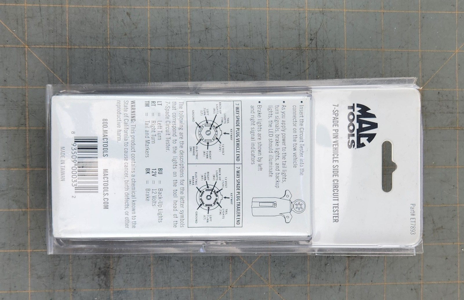 Mac Tools ET7893 7 Flat Pin Trailer Plug Wiring Tester Test Light