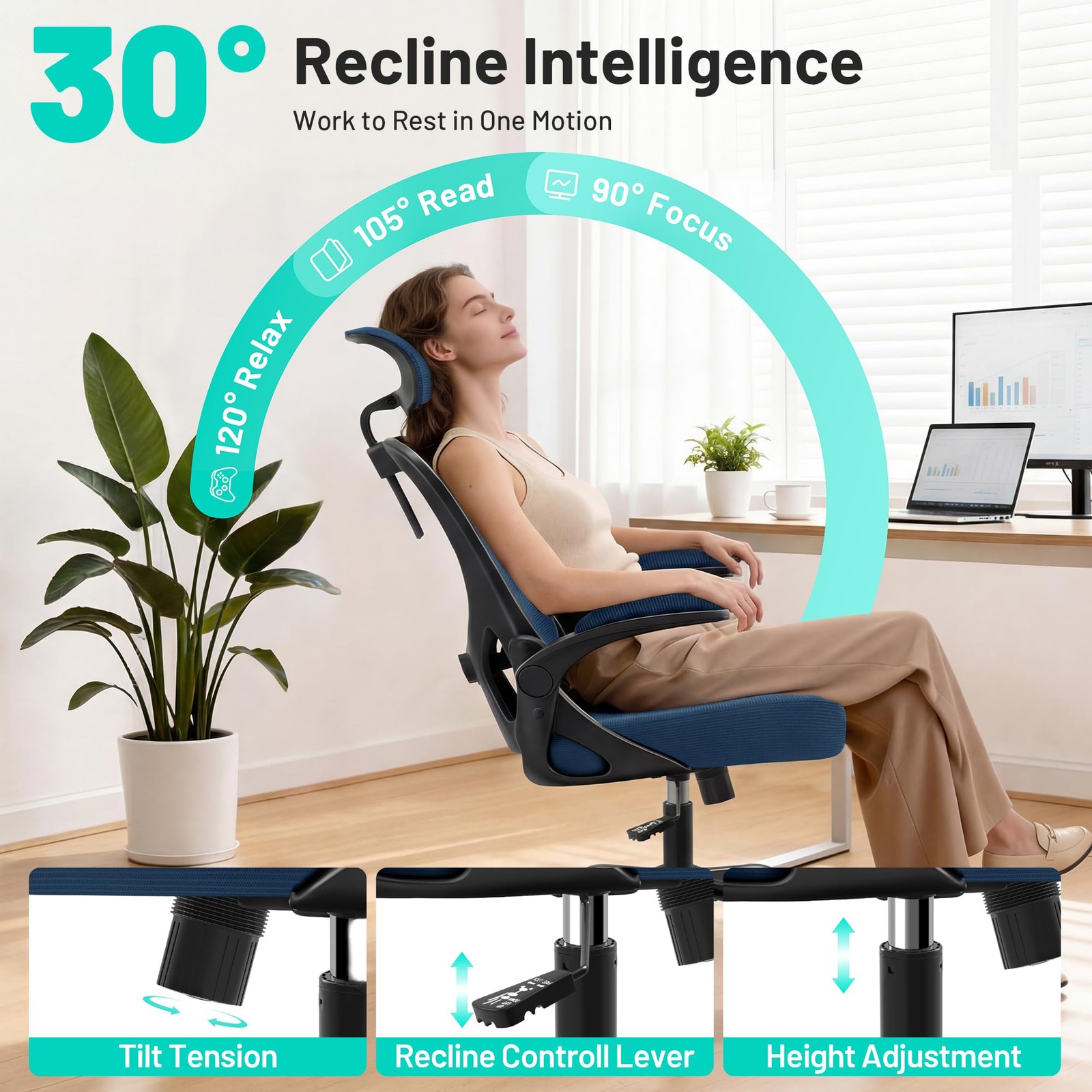 Office Chair - Ergonomic Desk Chair Breathable Mesh Chair with 2D Headrest & ...