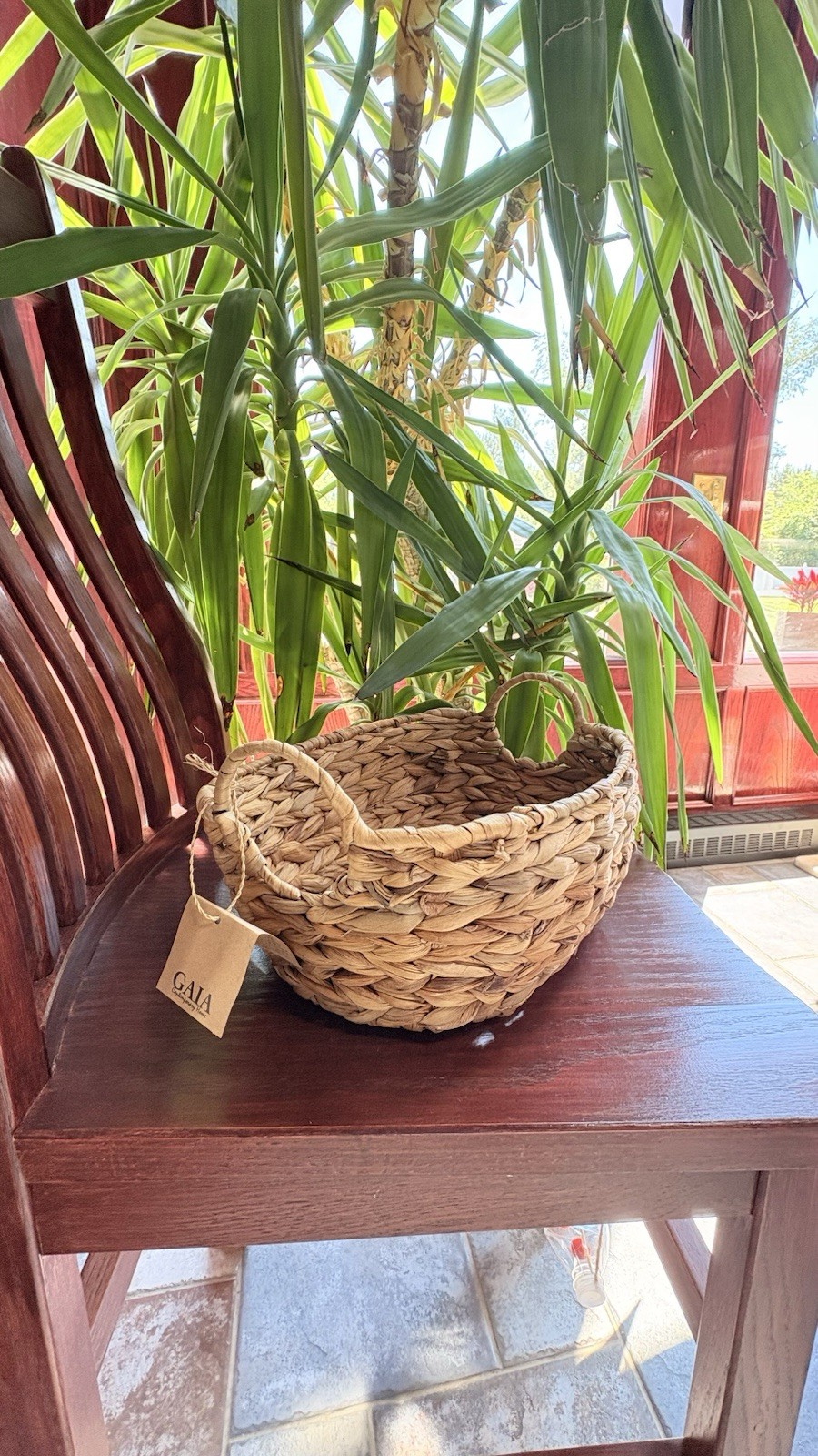 GAIA Water Hyacinth Woven Basket Boho Scoop Boat Shaped Storage Handles. NWT