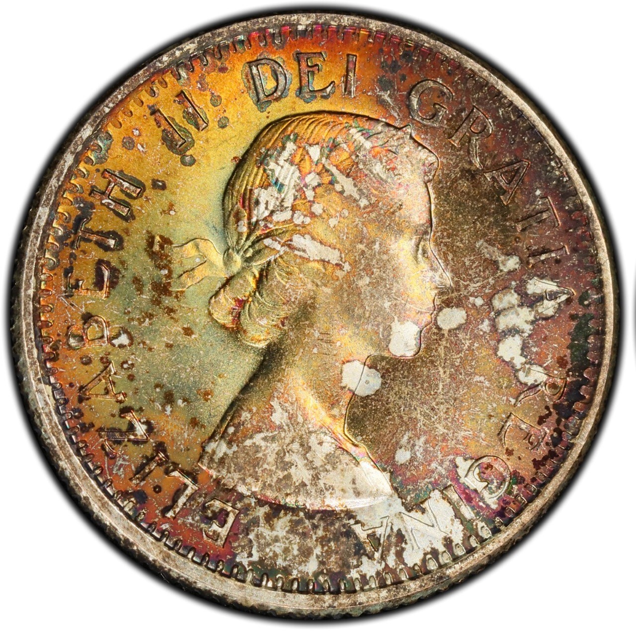MS65 1964 10C Canada Sailboat Silver Ten Cents, PCGS Trueview- Rainbow Toned