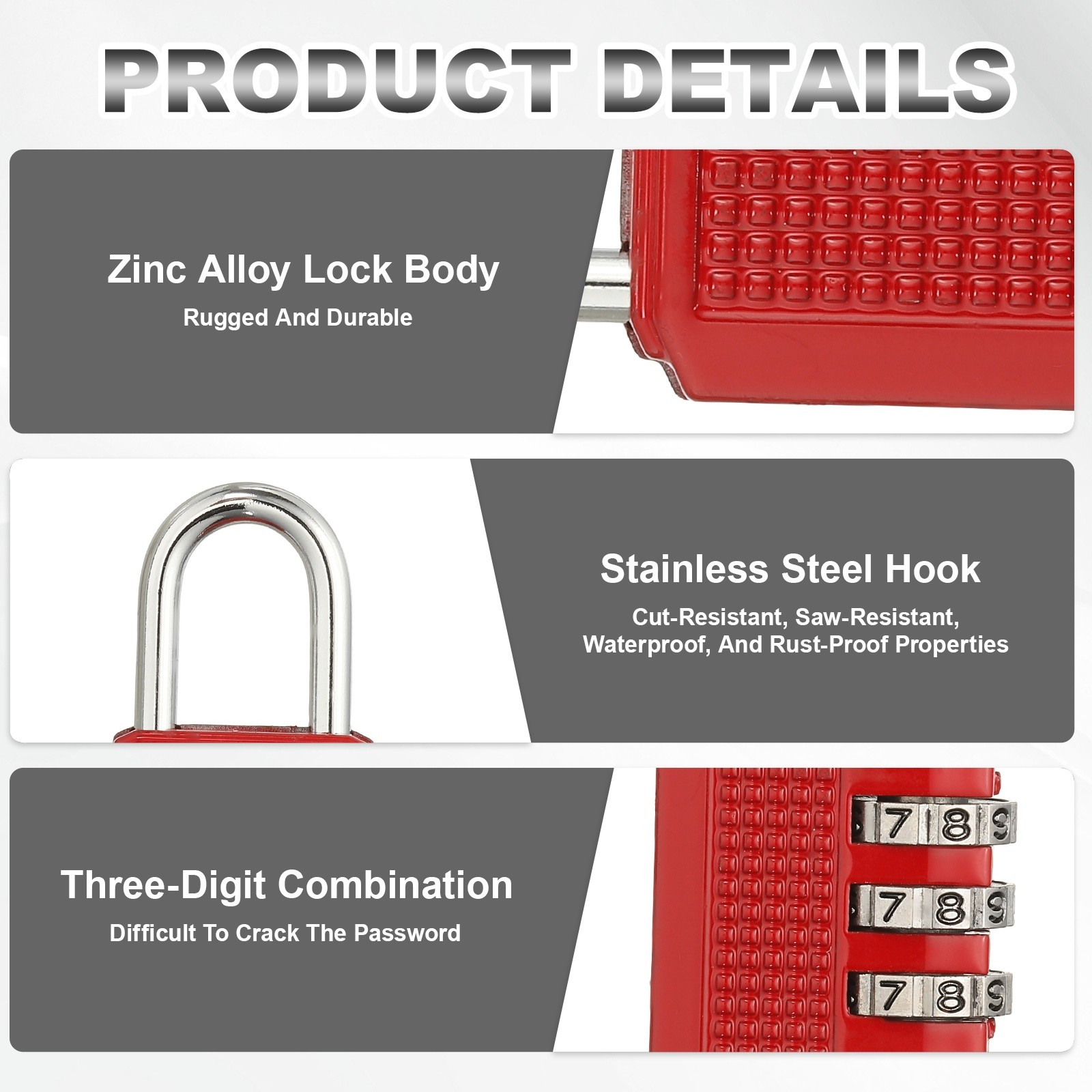 Combination Padlock (Medium, Red)(2 Pcs), 3-Digit Shackle Code Locks