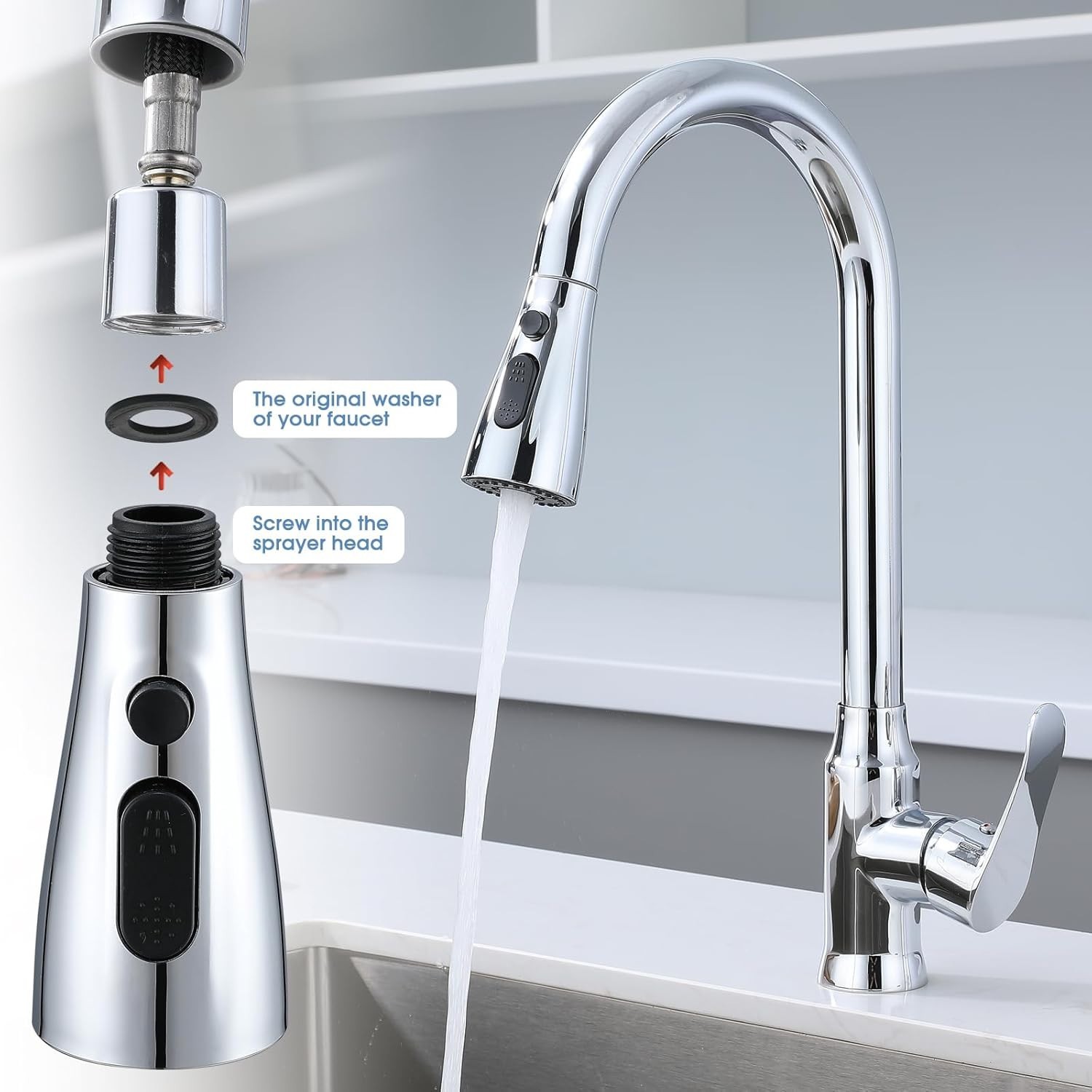 Kitchen Faucet Sprayer Head Replacement 3 Function Pull Down Sink Spray Head