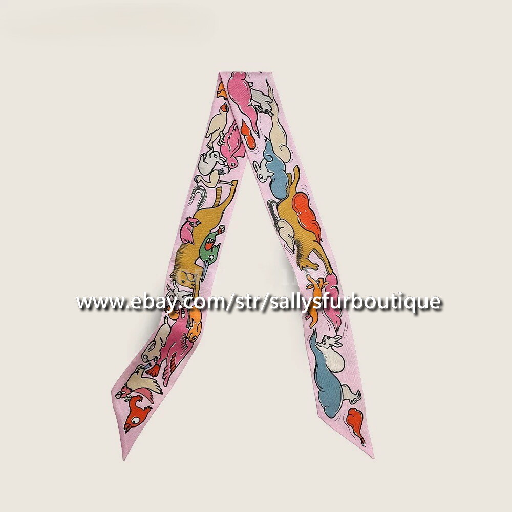 Sallys 18 Momme Twill Silk Scarf Ribbon Rabbits Print Necktie Hairband 88*5cm
