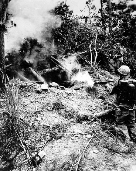 U.S. Marine Flame Thrower in Action at Cave on Okinawa 8x10 WWII Photo 300a